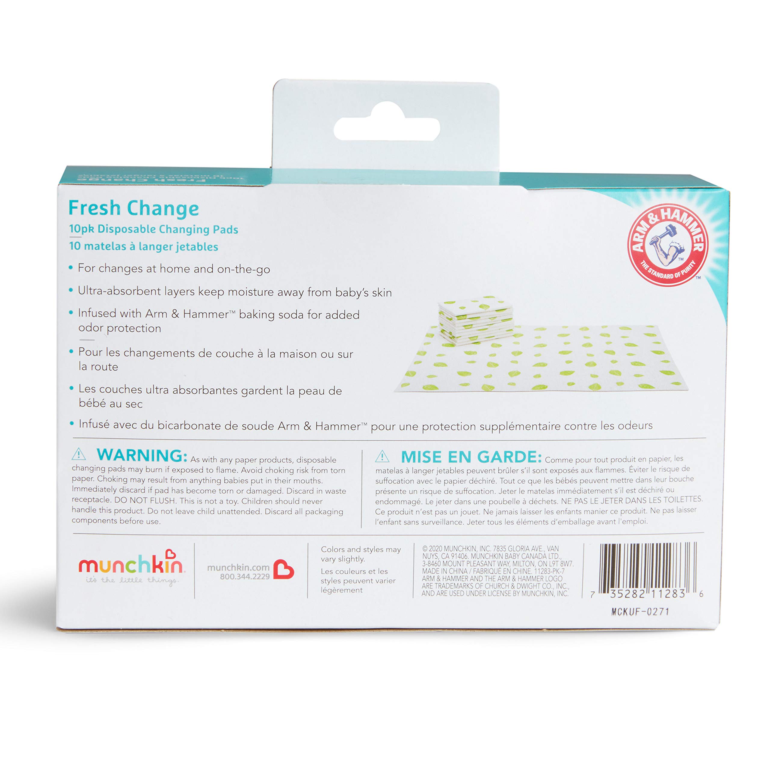 Munchkin® Arm & Hammer Disposable Changing Pad - 10 Count, White/Green - Perfect for Diaper Changes On-The-Go, Travel & Nursery Essentials