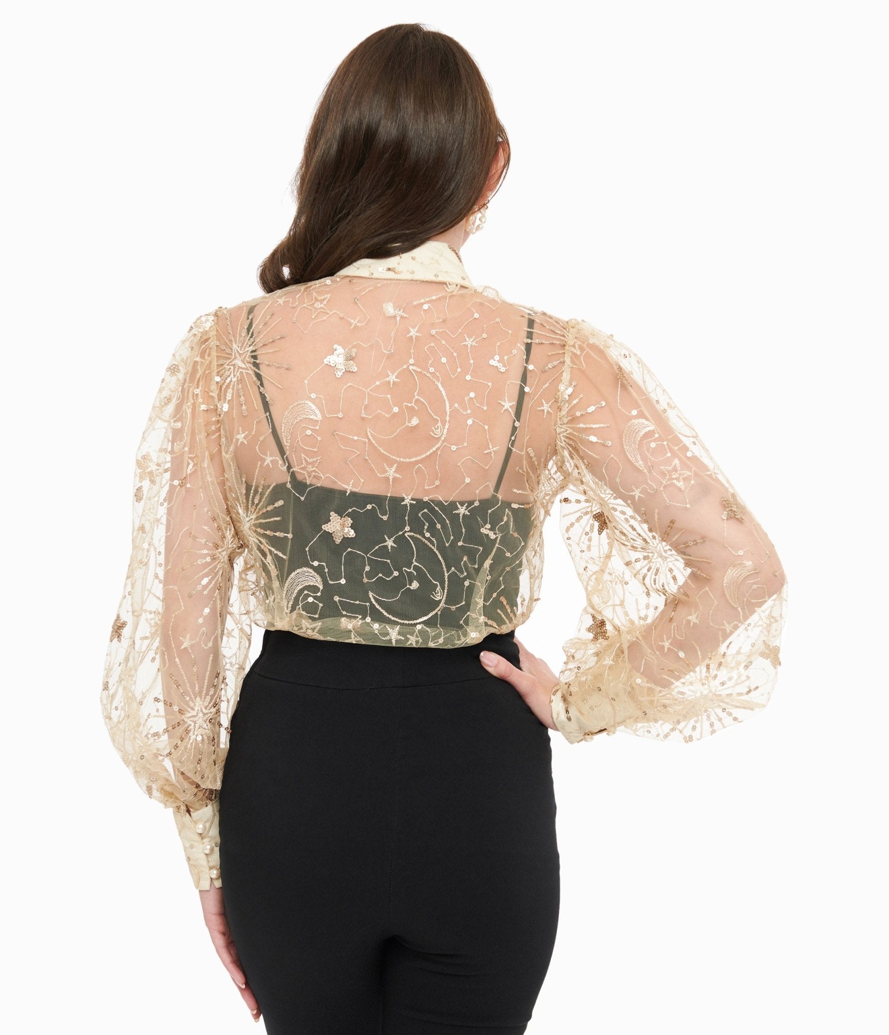 Vintage Champagne Celestial Sequin Sheer Blouse for Women - Elegant Party Top with Glitter Details for Evening Events, Date Nights & Special Occasions