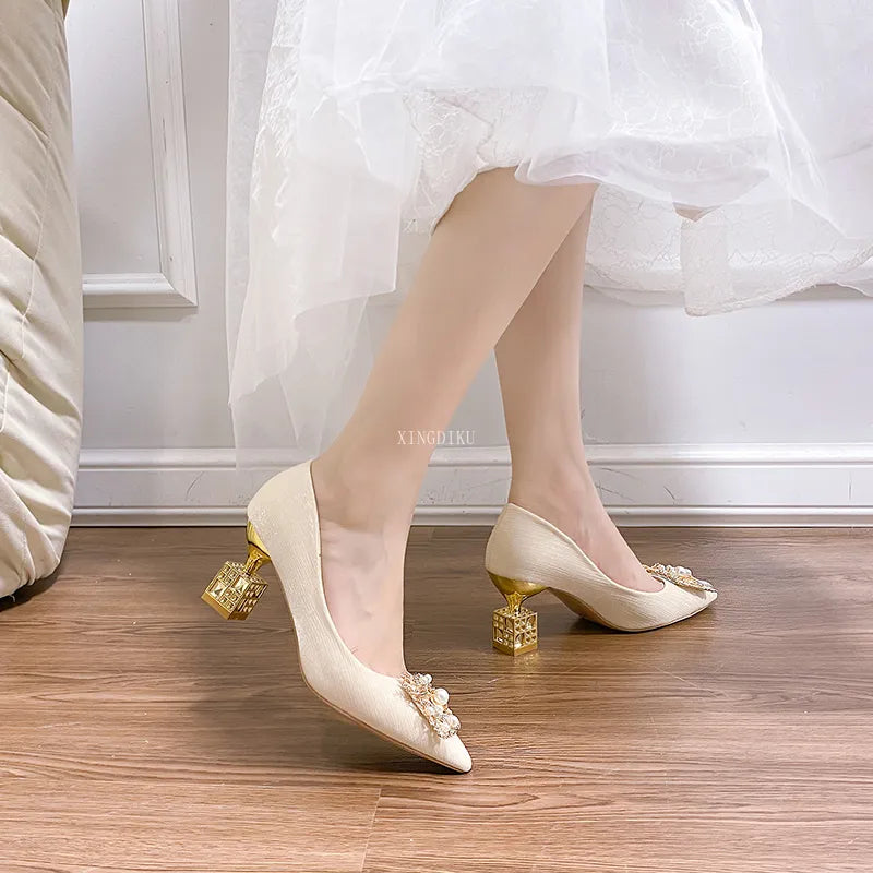 Elegant Autumn Women's High Heels - Pointed Toe 5cm & 7cm Heel Wedding Shoes with Square Buckle for Travel, Banquet & Special Occasions