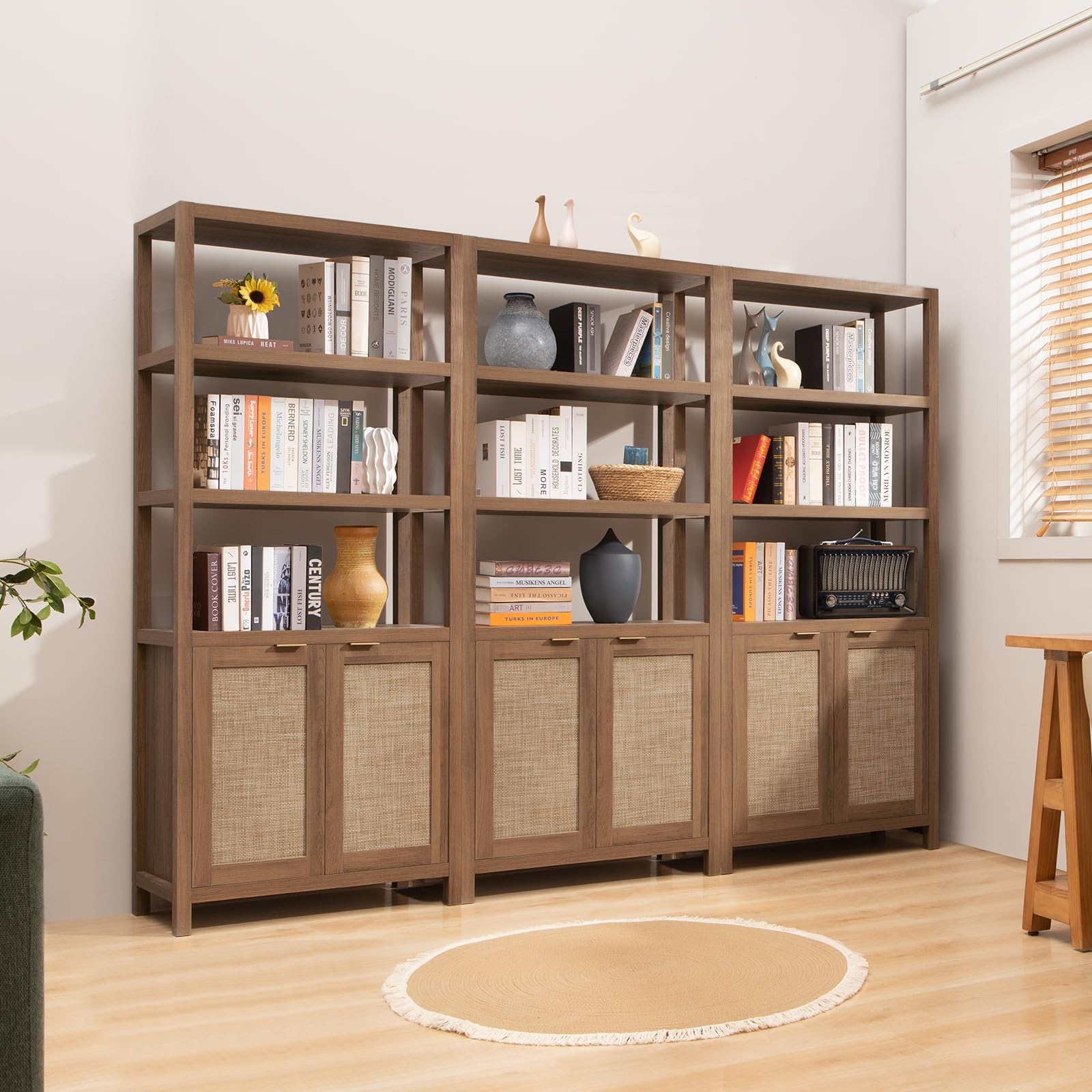 5-Tier Rattan Boho Bookshelf with Doors - 71