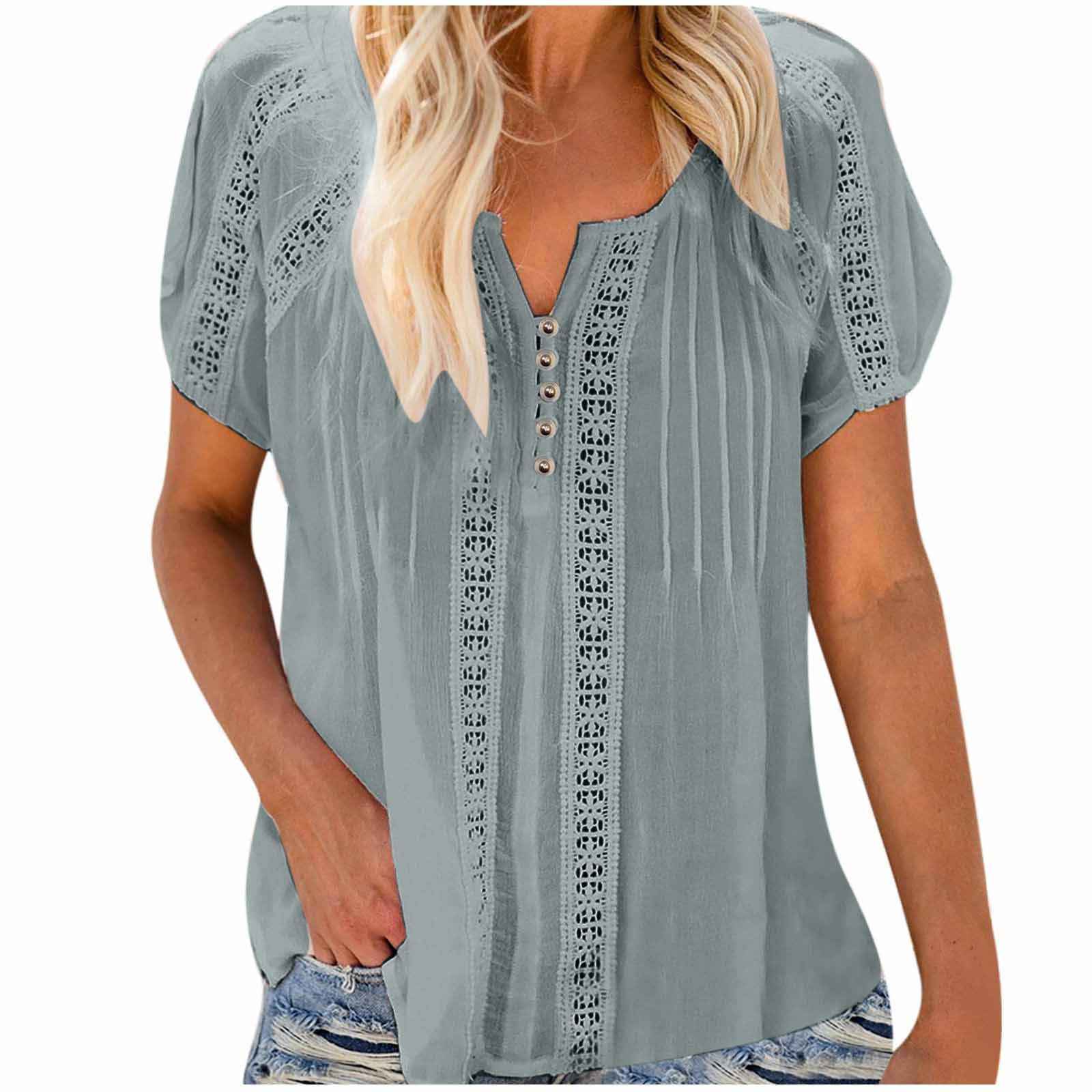 Women's Summer Lace Crochet Eyelet Short Sleeve T-Shirt - Casual Loose V-Neck Blouse & Solid Tunic Top for Beach, Vacation & Everyday Wear