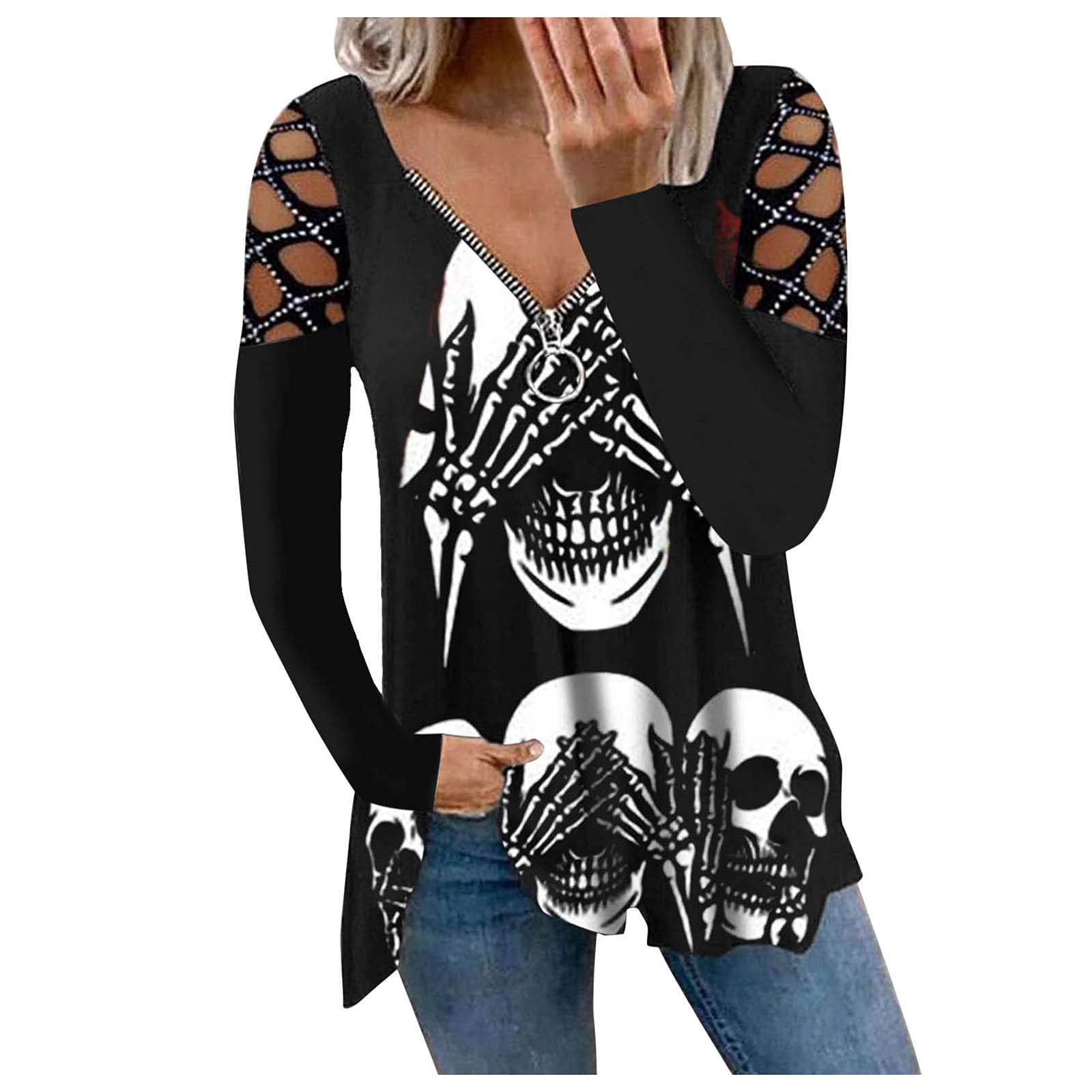 Women's V-Neck Printed Zipper Blouse Long Sleeve Casual Top - Cotton Halloween Tee Shirt for Party, Work & Everyday Wear