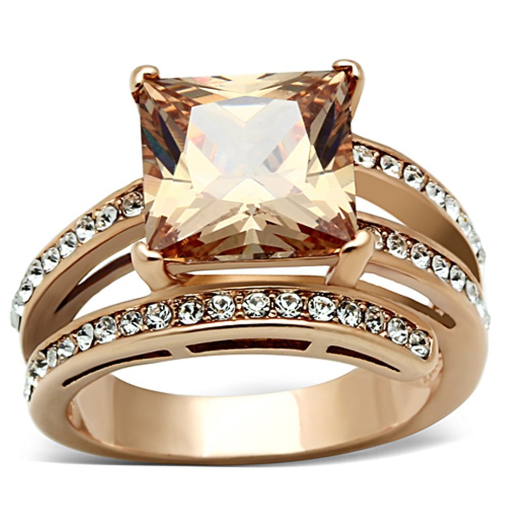 Marimor Women's Stainless Steel Rose Gold Princess Cut Champagne Zirconia Cocktail Ring - Elegant Jewelry for Parties, Weddings & Special Occasions