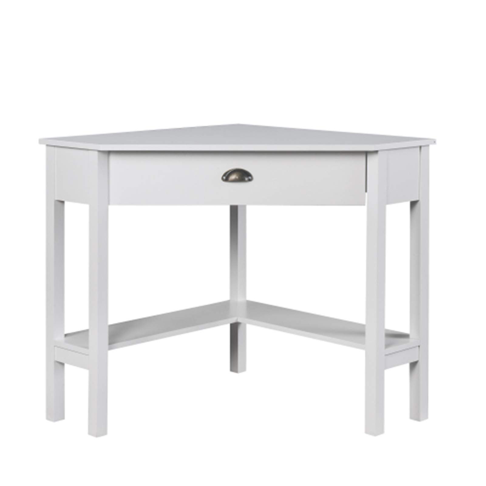 LQIAN White Corner Computer Desk with Shelves & Drawer - Compact Home Office Desk with Storage for Study, Work, and Gaming - Space-Saving Triangle Design with 2 Bottom Shelves