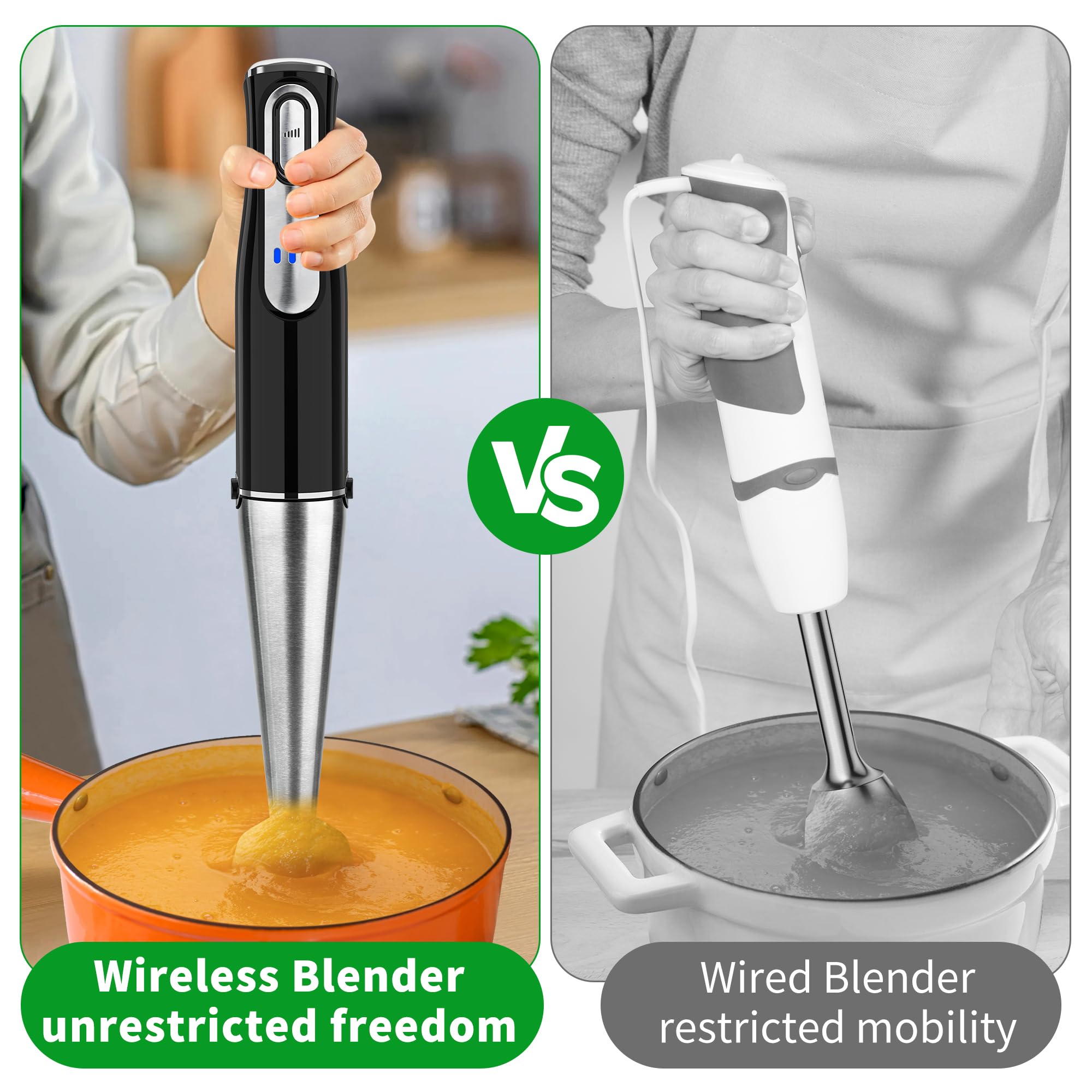 Rechargeable 4-in-1 Cordless Immersion Blender with Stainless Steel Blade - Handheld Electric Stick Blender with Chopper, Beaker & Whisk - Perfect for Soups, Baby Food, Smoothies & Kitchen Blending Tasks