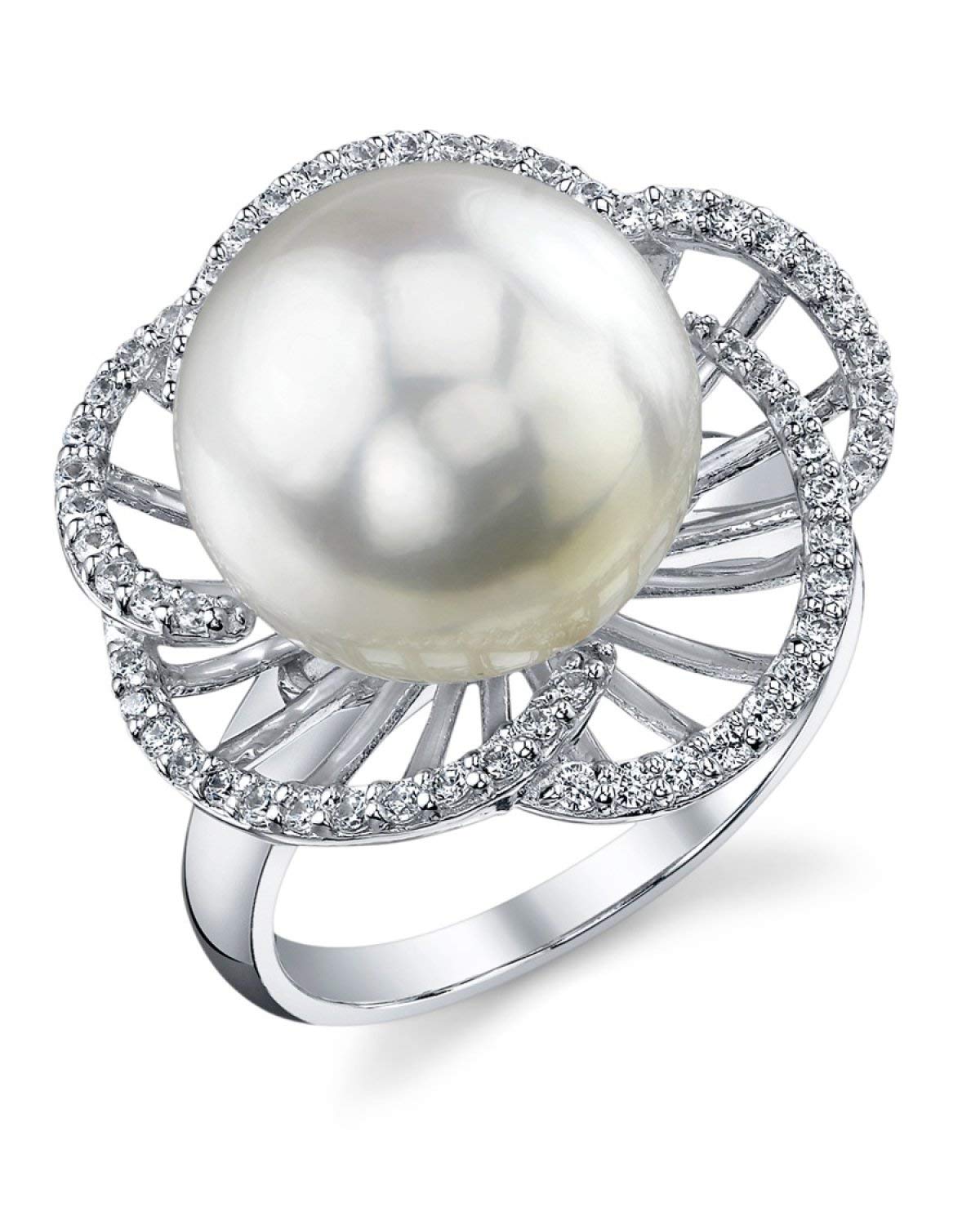 11-12mm Genuine White Freshwater Cultured Pearl & Cubic Zirconia Rebecca Ring for Women - Elegant Pearl Jewelry Gift for Anniversary, Wedding, Party & Special Occasions