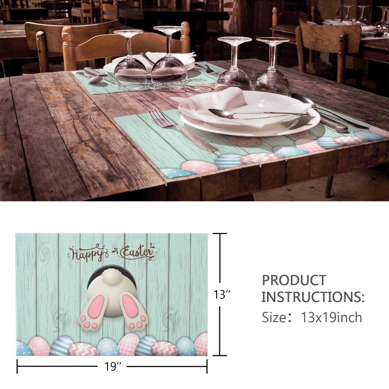 Funny Easter Bunny Placemats Set of 6 - Non-Slip Cotton Linen Table Mats for Kitchen & Dining - Washable Easter Eggs Decor with Green Wood Plank Design - Perfect for Easter Brunch, Holiday Decorations & Family Gatherings