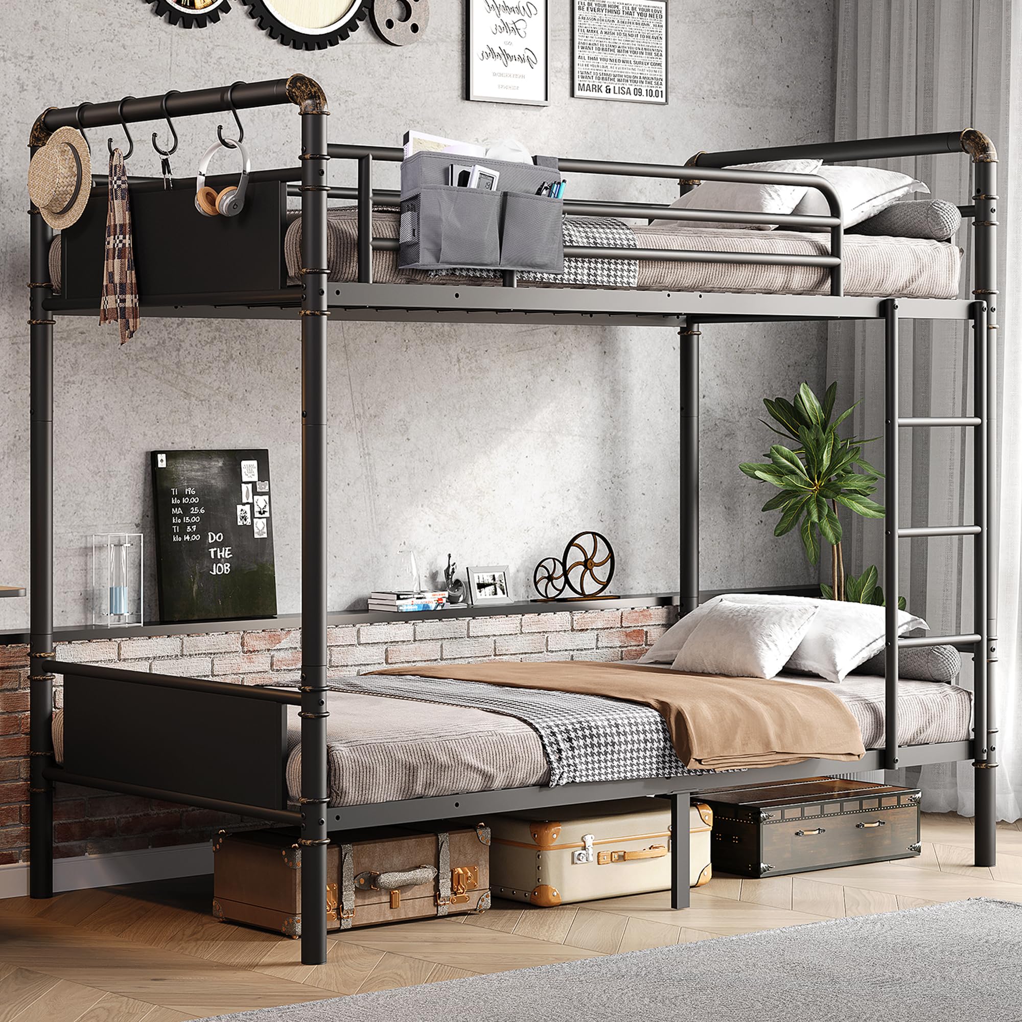 Industrial Metal Bunk Bed Twin Over Twin - Heavy Duty Steel Bunkbeds with Safety Guard Rails | Space-Saving Design for Small Bedrooms, Dorms & Kids Rooms | Black Leather Finish