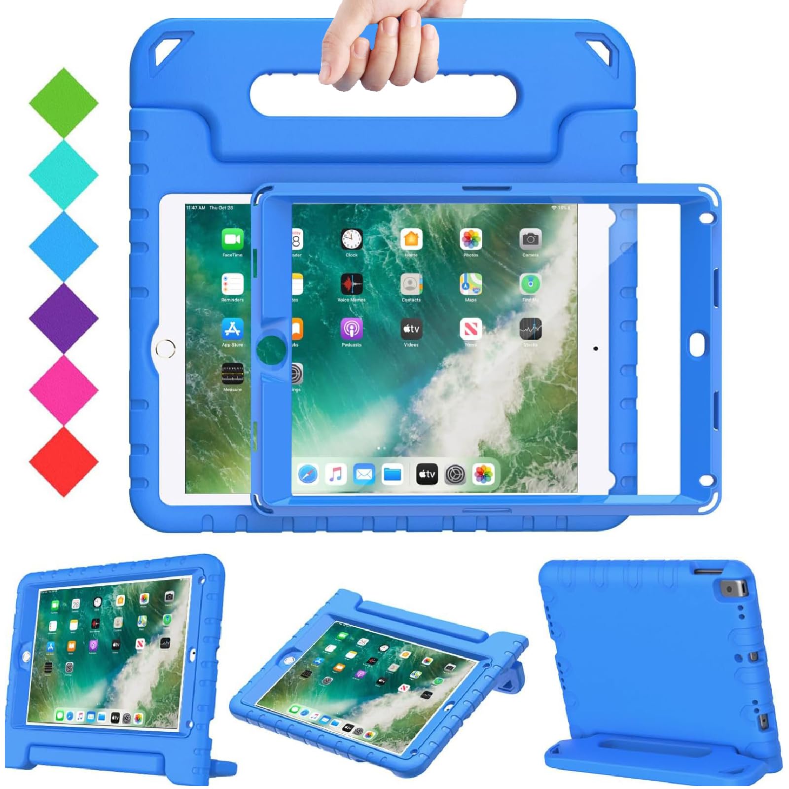 BMOUO Shockproof Kids Case for iPad 9.7 Inch (2017/2018 5th/6th Gen) & iPad Air 2 - Protective Handle Stand Cover with Screen Protector - Blue | Perfect for School, Travel & Home Learning