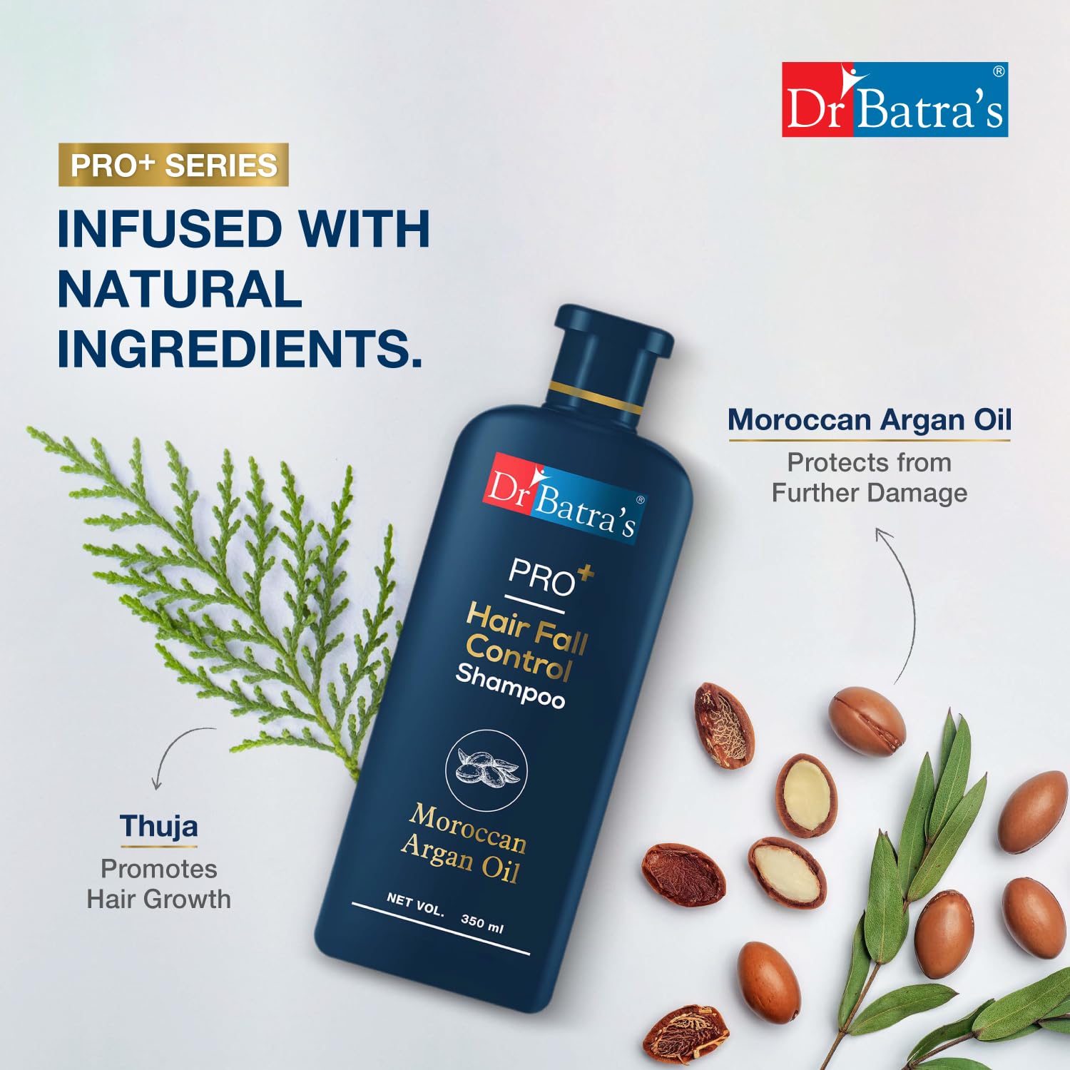 Dr Batra's PRO+ Hair Fall Control Shampoo - Sulfate Free with Moroccan Argan Oil for Men & Women | Strengthens Hair & Reduces Breakage | Perfect for Daily Use & Damaged Hair Care (1 Pack)