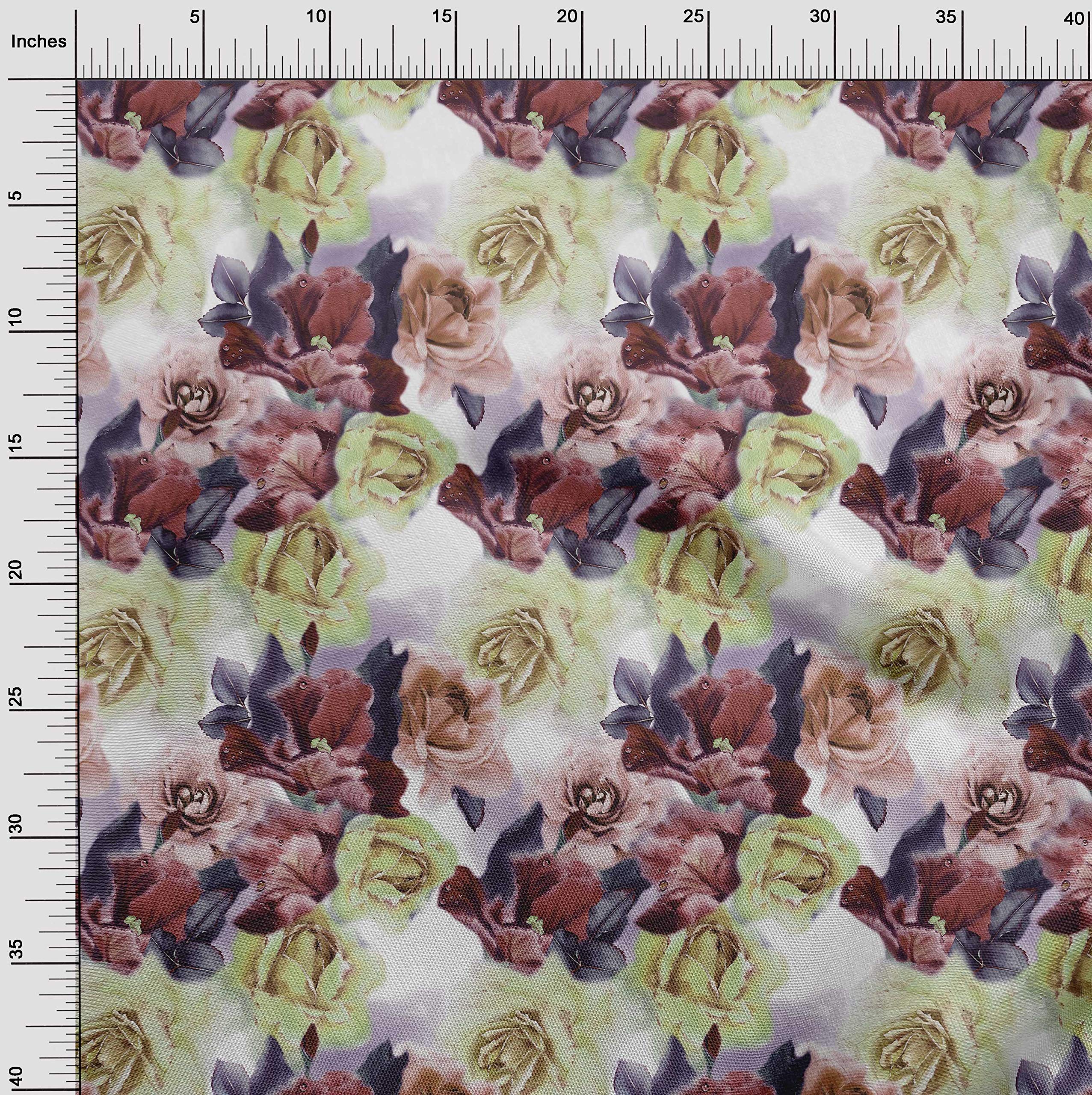 oneOone Polyester Spandex Dark Rose Brown Fabric - Watercolor Leaves & Roses Print - 56 Inch Wide Sewing Material for Dresses, Curtains & DIY Crafts