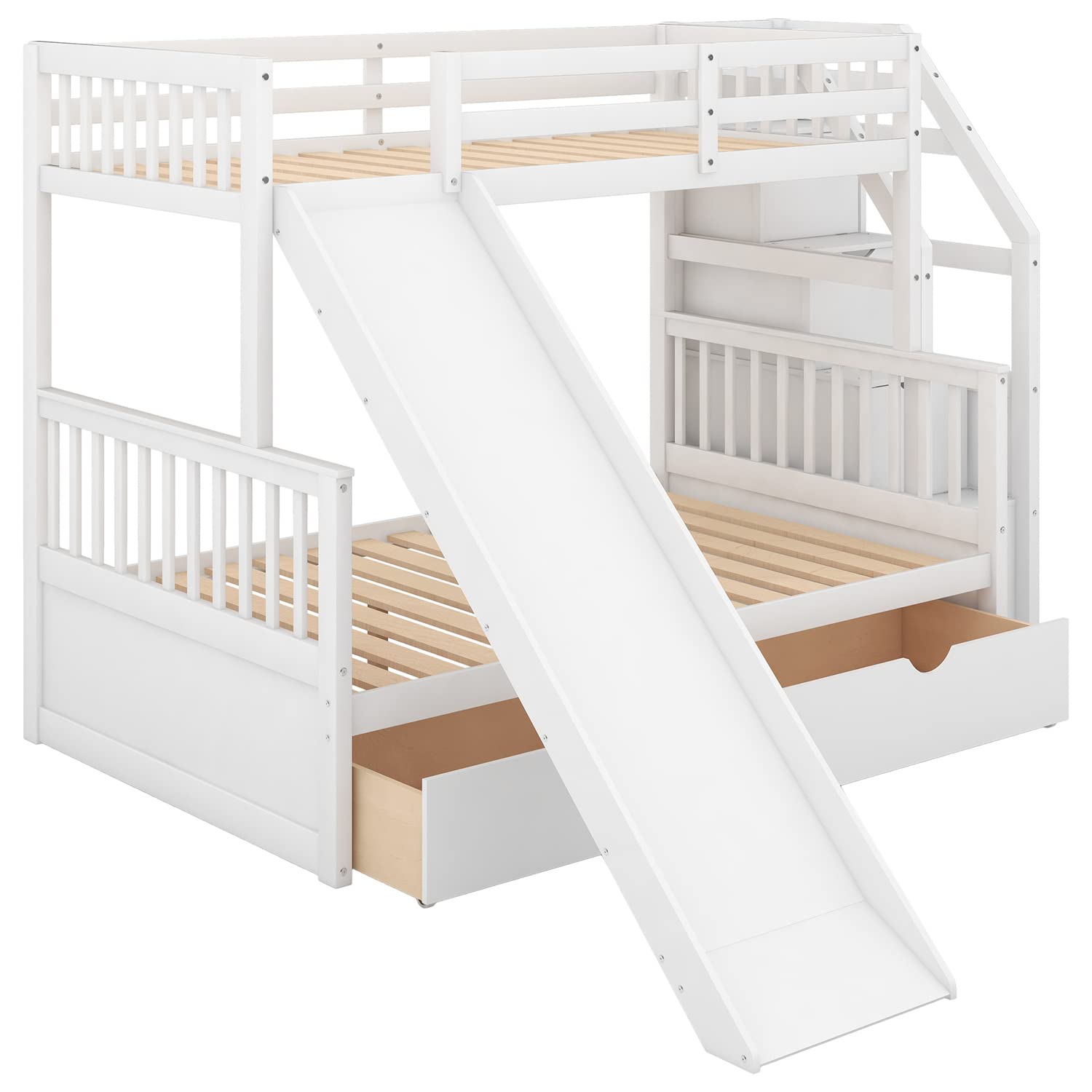 Twin Over Full Bunk Bed with Slide & Storage - White Wooden Bunk Bed for Kids' Bedroom