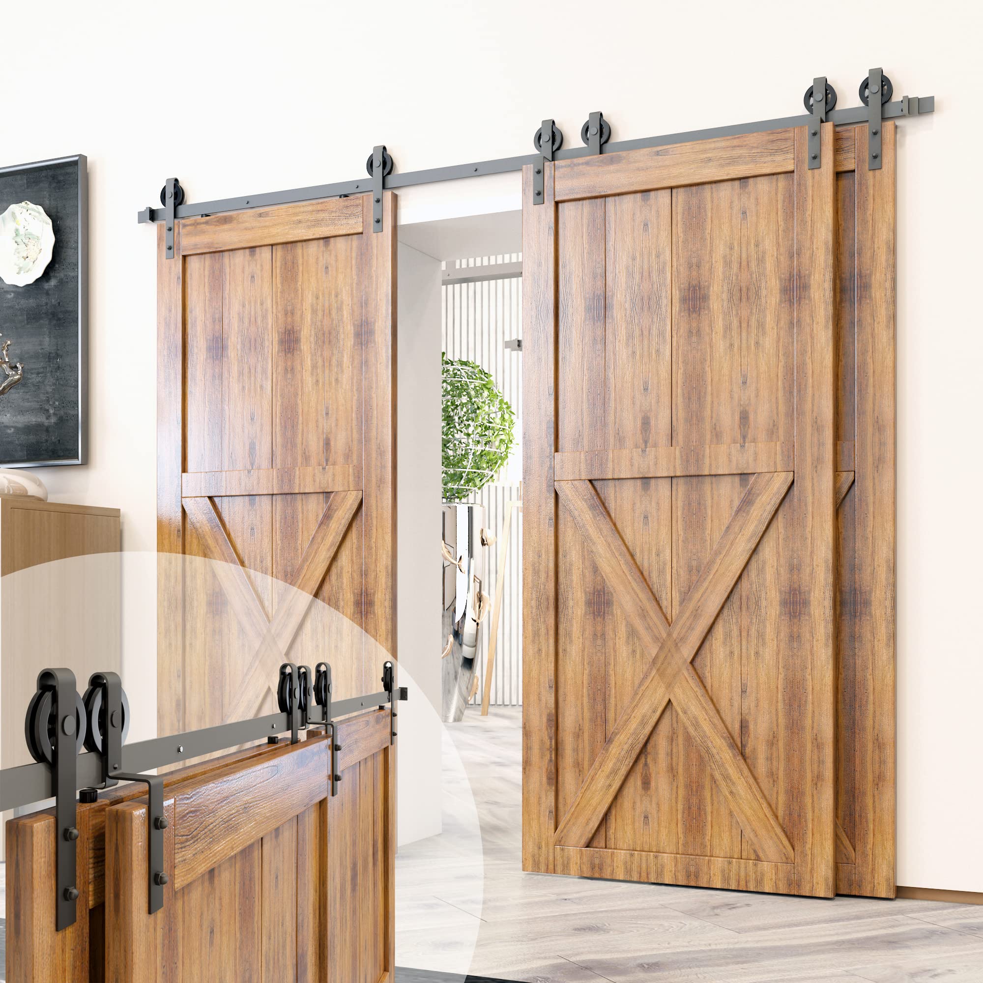 Homacer Black Rustic Single Track Bypass Sliding Barn Door Hardware Kit - 18ft Flat Track, Spoke Wheel Rollers (2 Flat + 1 Bent) for 3 Doors - Perfect for Farmhouse, Loft & Industrial Style Home Renovations