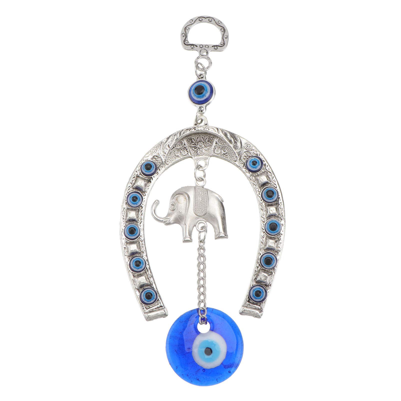 Blue Evil Eye Elephant Decor - Lucky Charm Horseshoe Hanging Ornament for Home, Office & Gift | Protection Amulet for Men & Women | Bedroom, Living Room, Nursery Wall Decor