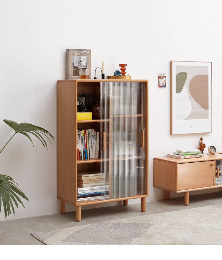 Solid Beech Wood Sliding Door Side Cabinet - Modern Storage Solution for Bedroom, Living Room & Office