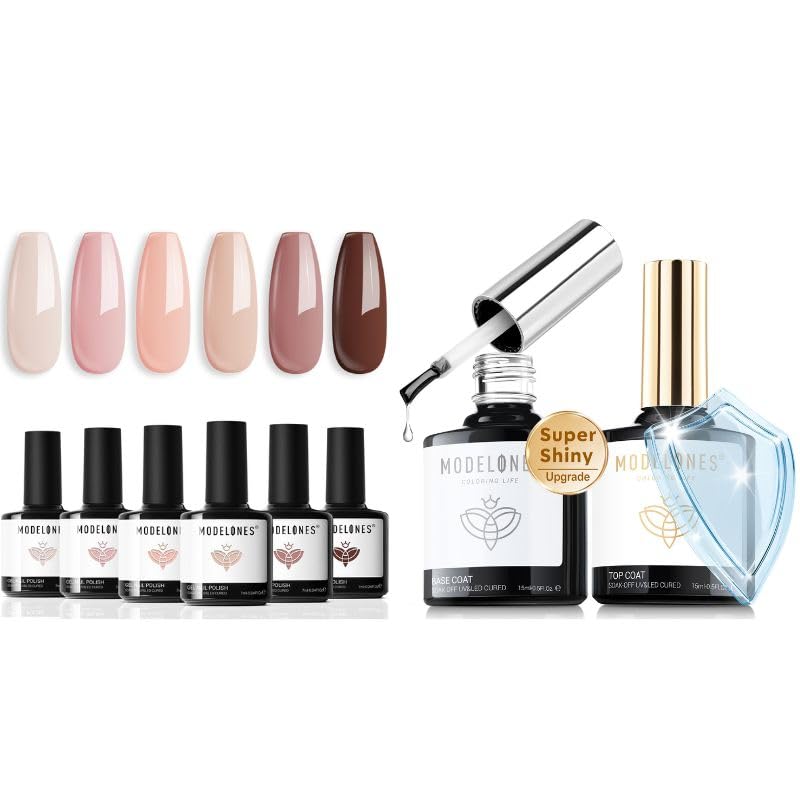 Modelones 15ml 2025 Upgrade Super Shiny Gel Base & Top Coat Set with 6 Colors Gel Nail Polish Kit - Professional DIY Manicure for Salon Quality Nails at Home, Perfect for Parties, Weddings & Special Occasions