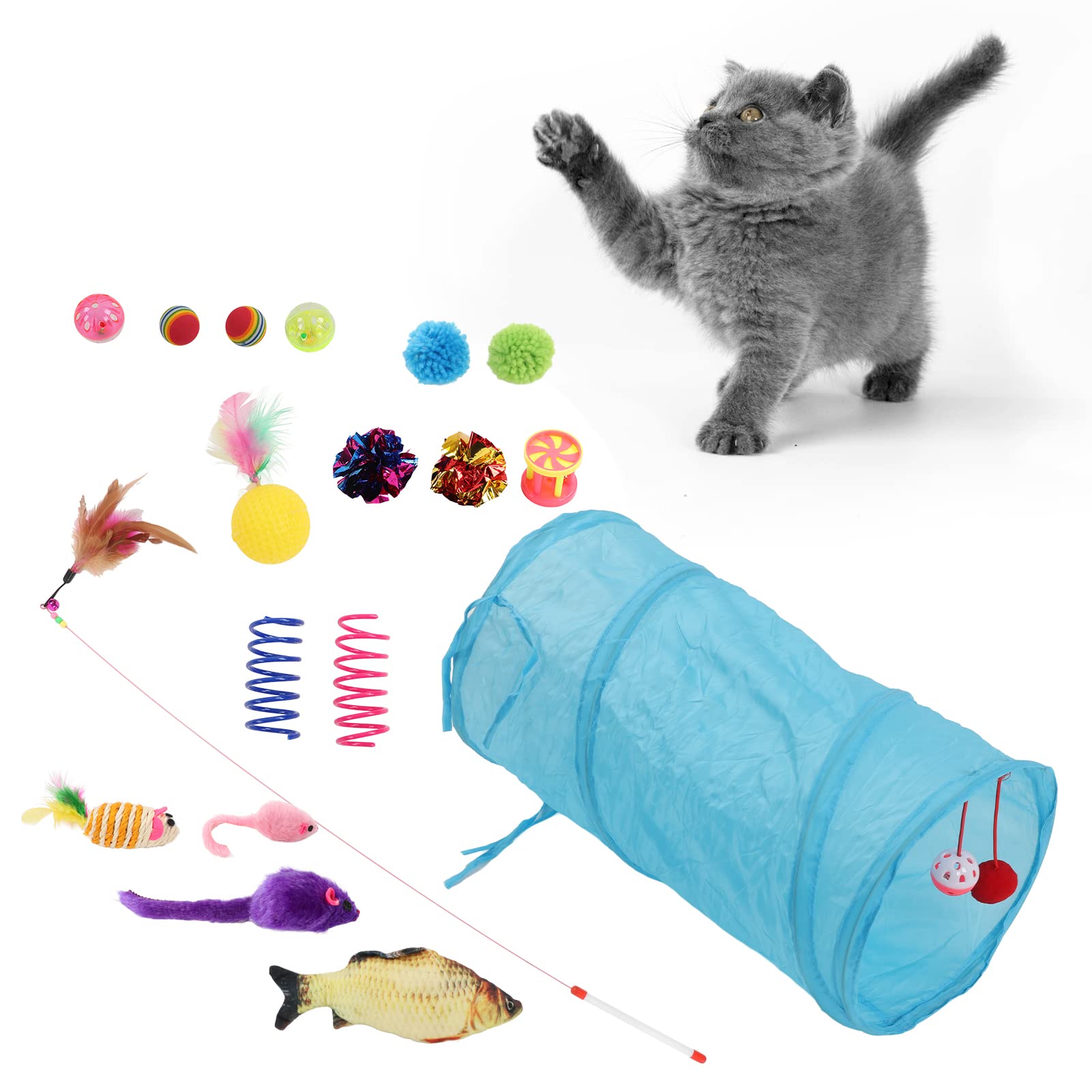 Interactive Cat Toys Set - Tunnel, Teasing Stick with Bell Ball, Sisal Mouse & Feather Wand for Indoor Kittens - Fun Playtime & Exercise for Your Feline Friend
