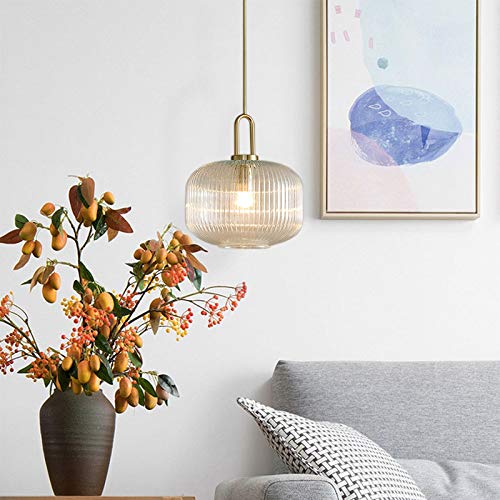 Gold Ribbed Glass Pendant Light with Handle - 8 Inch Contemporary Ceiling Light for Kitchen Island, Dining Room, or Bedroom Decor