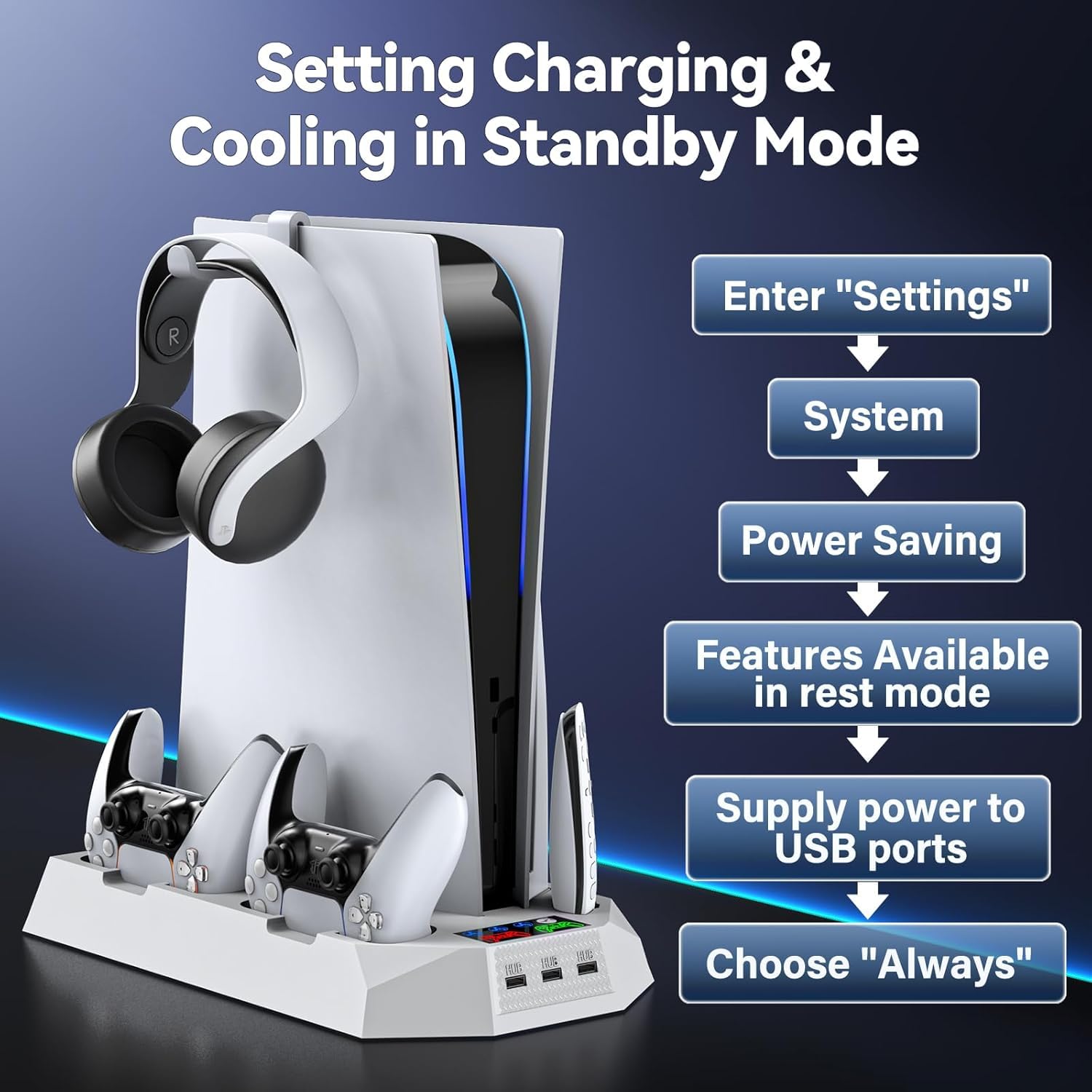 Tokluck PS5 Cooling Station with Dual Controller Charger - 3-Speed Cooling Fan, Headset Stand & 3 USB Ports for PS5/PS5 Slim/PS5 Pro - Perfect for Gaming Marathons & Console Protection