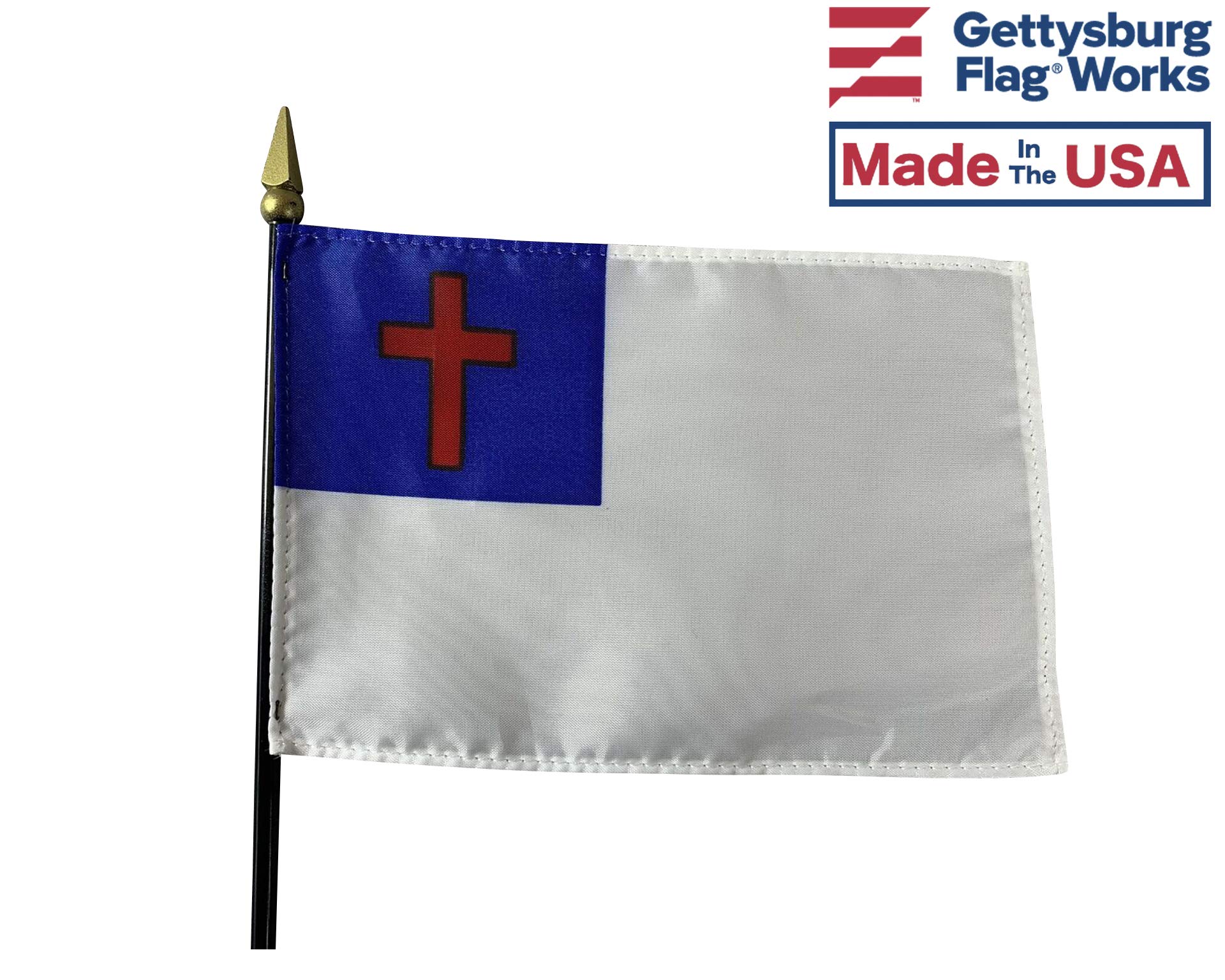 Set of 3 4x6 Inch E-Gloss Christian Stick Flags with U.S. Stick Flag & 2 Plastic Table Bases - Made in USA - Perfect for Church Events, Patriotic Celebrations & Home Decor