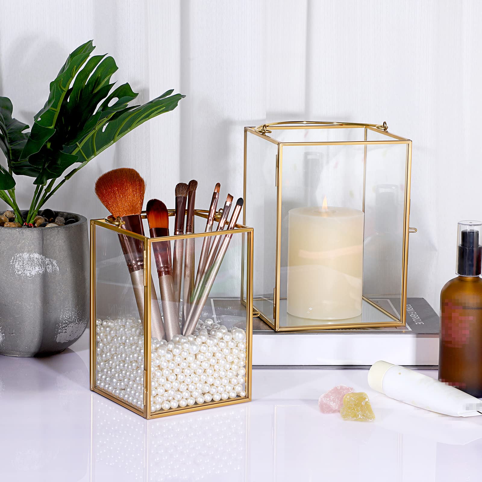 Set of 2 Gold Geometric Glass Hurricane Candle Holders with Metal Handles - Decorative Pillar Candle Stands for Wedding Centerpieces, Table Decor, Home & Garden Lighting, Romantic Dinner Ambience