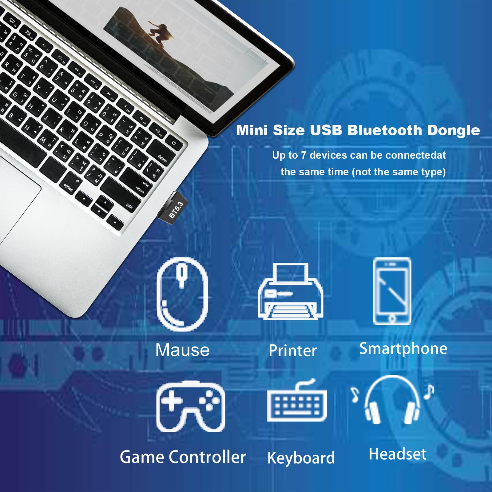 5.3 Bluetooth Adapter for PC - USB Bluetooth Dongle Compatible with Windows 11/10/8.1 - Plug & Play Wireless Adapter for Keyboard, Mouse, Headphones, Speakers, Printer & Game Controllers - Perfect for Home Office, Gaming & Entertainment Setup