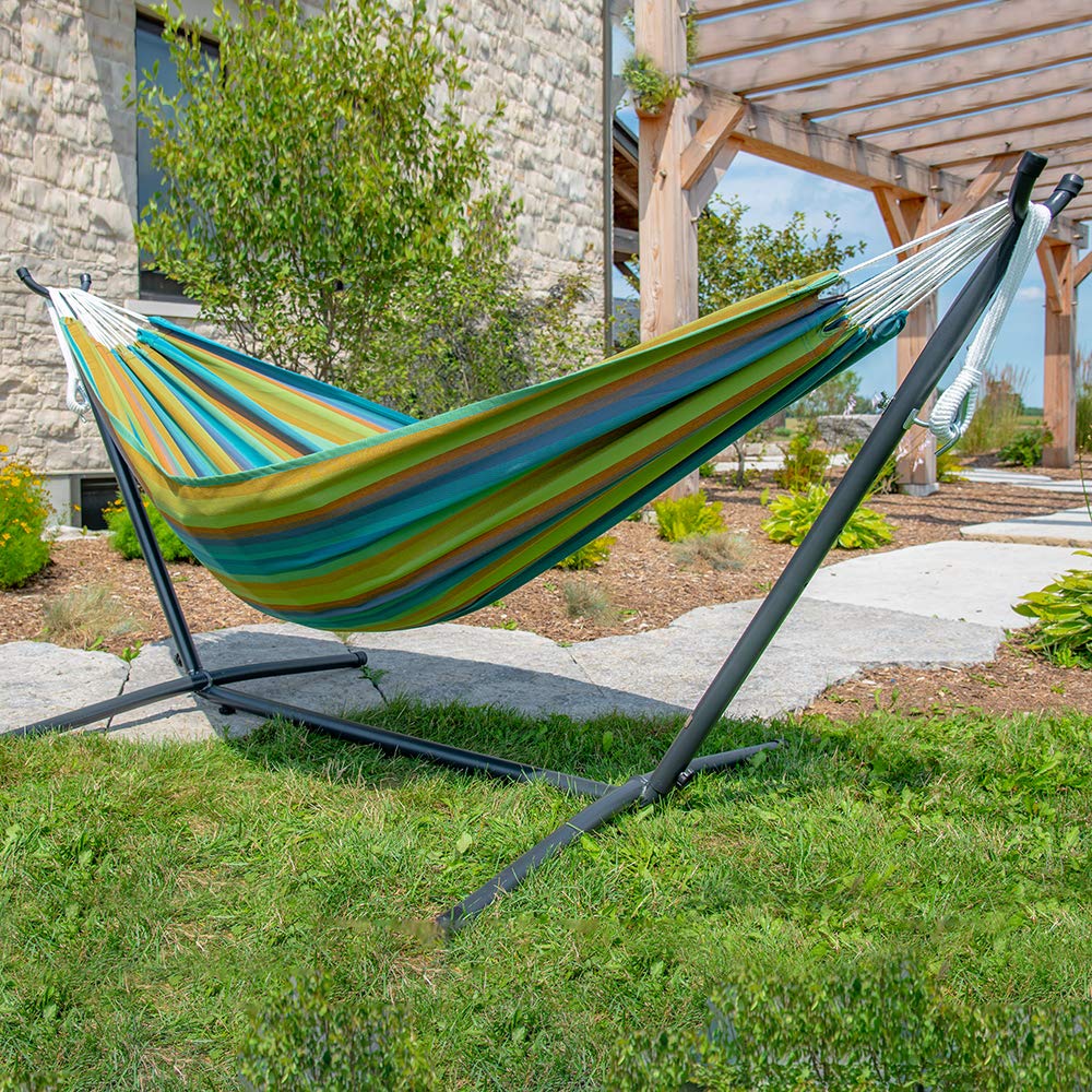 Vivere Double Sunbrella Hammock with Space-Saving Steel Stand - 450 lb Weight Capacity, Includes Premium Carry Bag (Lagoon Blue) - Perfect for Backyard Relaxation, Camping & Beach Vacations
