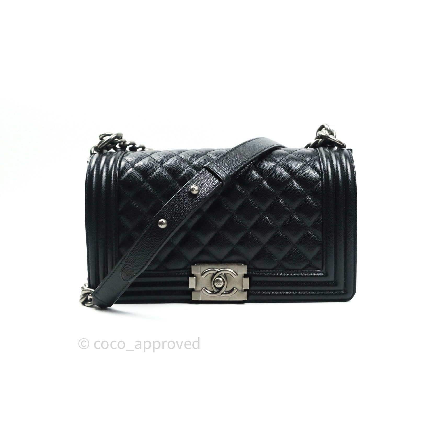 Chanel Boy Quilted Medium Handbag in Black Caviar Leather with Ruthenium Hardware - Perfect for Evening Events & Luxury Fashion Accessories