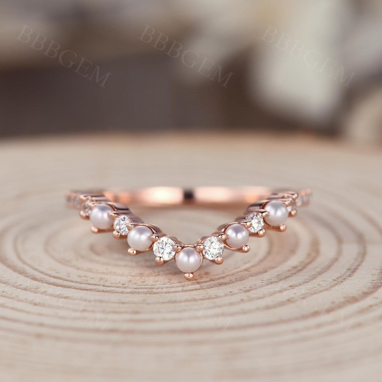 14K Rose Gold Petite V-Shaped Pearl & Diamond Stacking Ring for Women - Elegant Curve Band for Layering, Stacking, and Everyday Wear