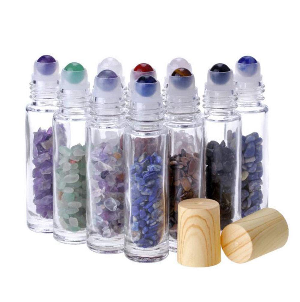 10ml Glass Roller Bottles with Gemstone Roller Balls - Essential Oil Roller Bottles for Travel, Aromatherapy & Perfume - Includes Crystal Chips Inside (10 Pack) - Perfect for DIY Essential Oils, On-The-Go Aromatherapy & Gift Giving