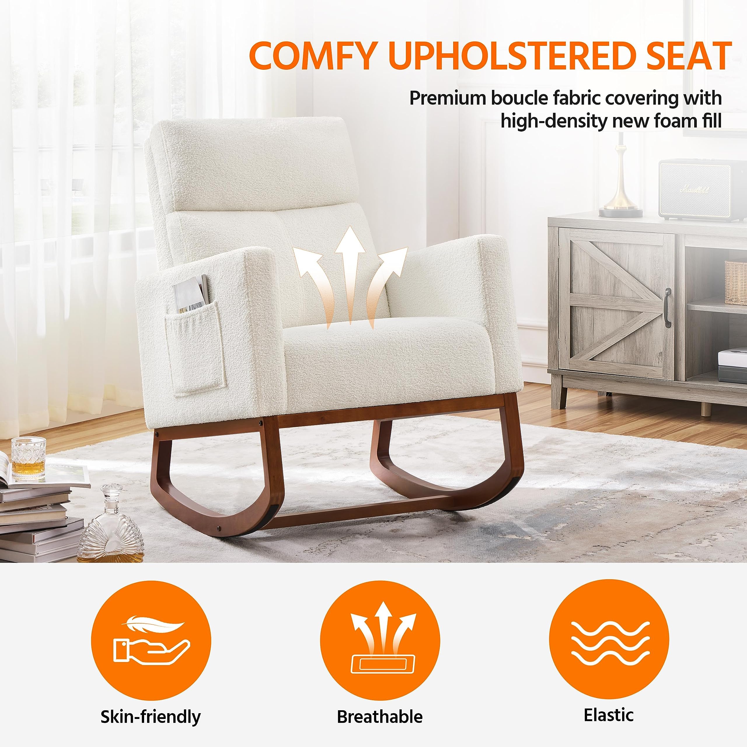 Yaheetech Upholstered Rocking Chair - Boucle Glider Nursery Chair with High Back & Side Pocket, Accent Armchair with Rubber Wood Legs for Living Room, Bedroom, Nursery - Perfect for Nursing, Reading & Relaxing (Ivory)