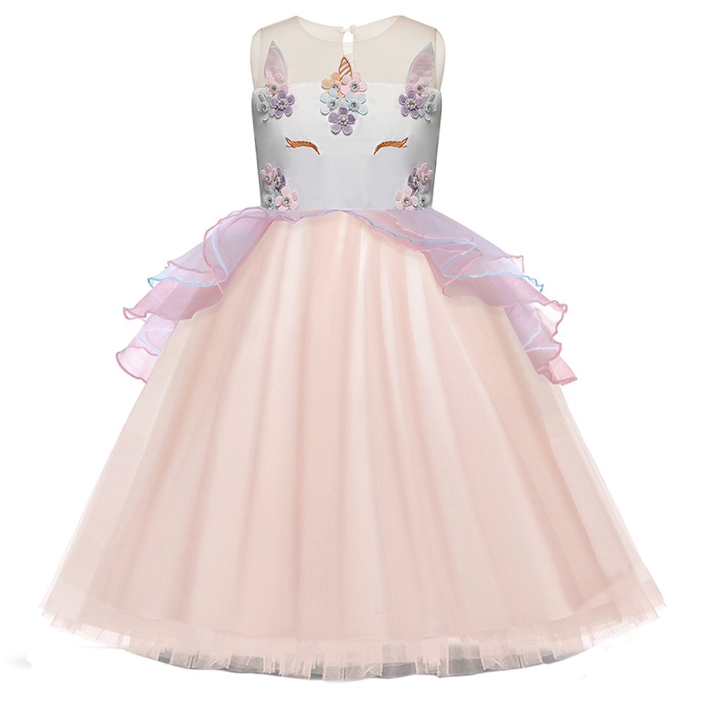 **Embroidered Flower Girls Dress with Sequins - Sparkly Tutu Pageant Dress for Kids (Size 6T-7T, Unicorn Pink) - Perfect for Weddings, Birthday Parties & Special Occasions**
