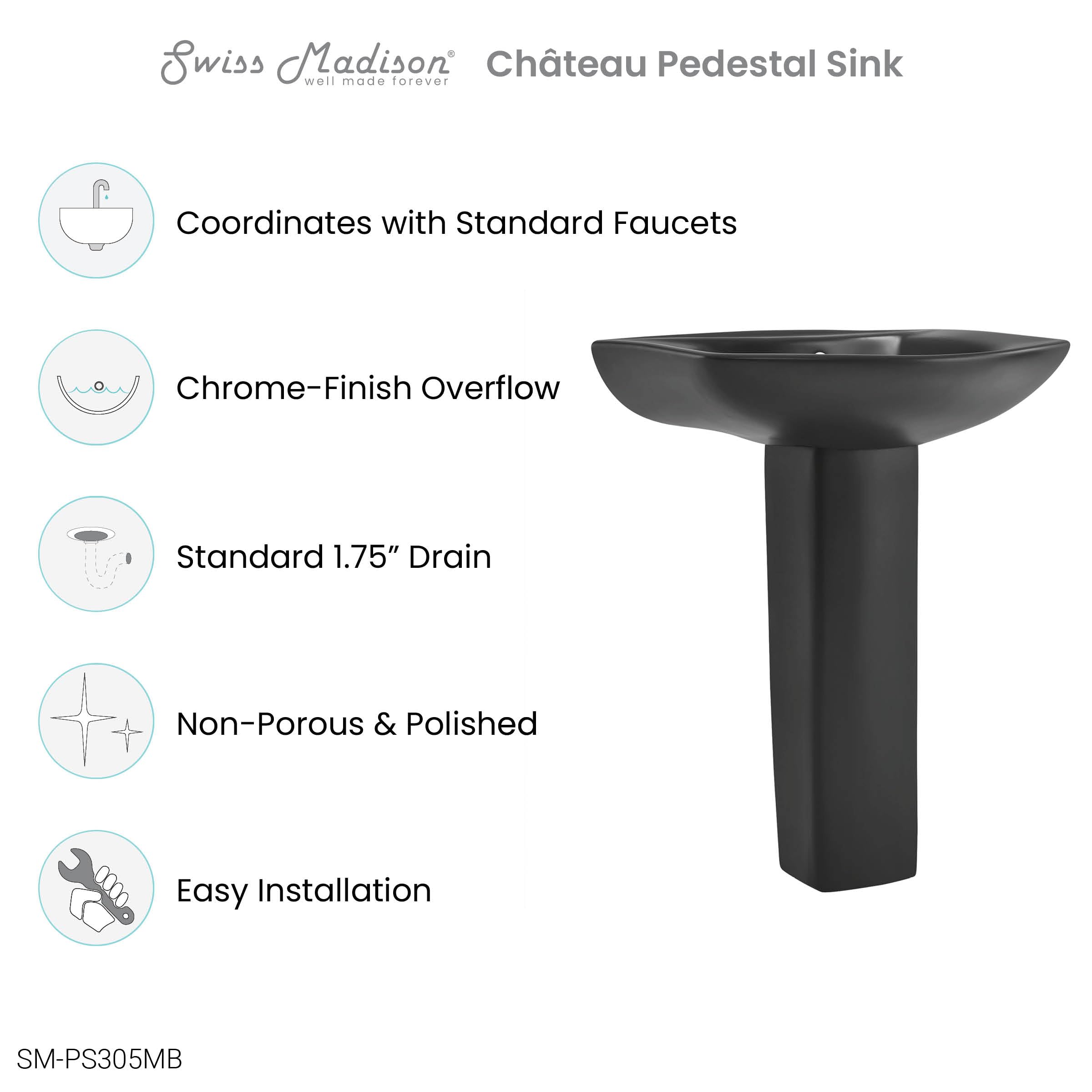 Chateau Two-Piece Round Pedestal Sink in Matte Black - Modern Bathroom Vanity for Small Spaces | Perfect for Powder Rooms & Guest Baths