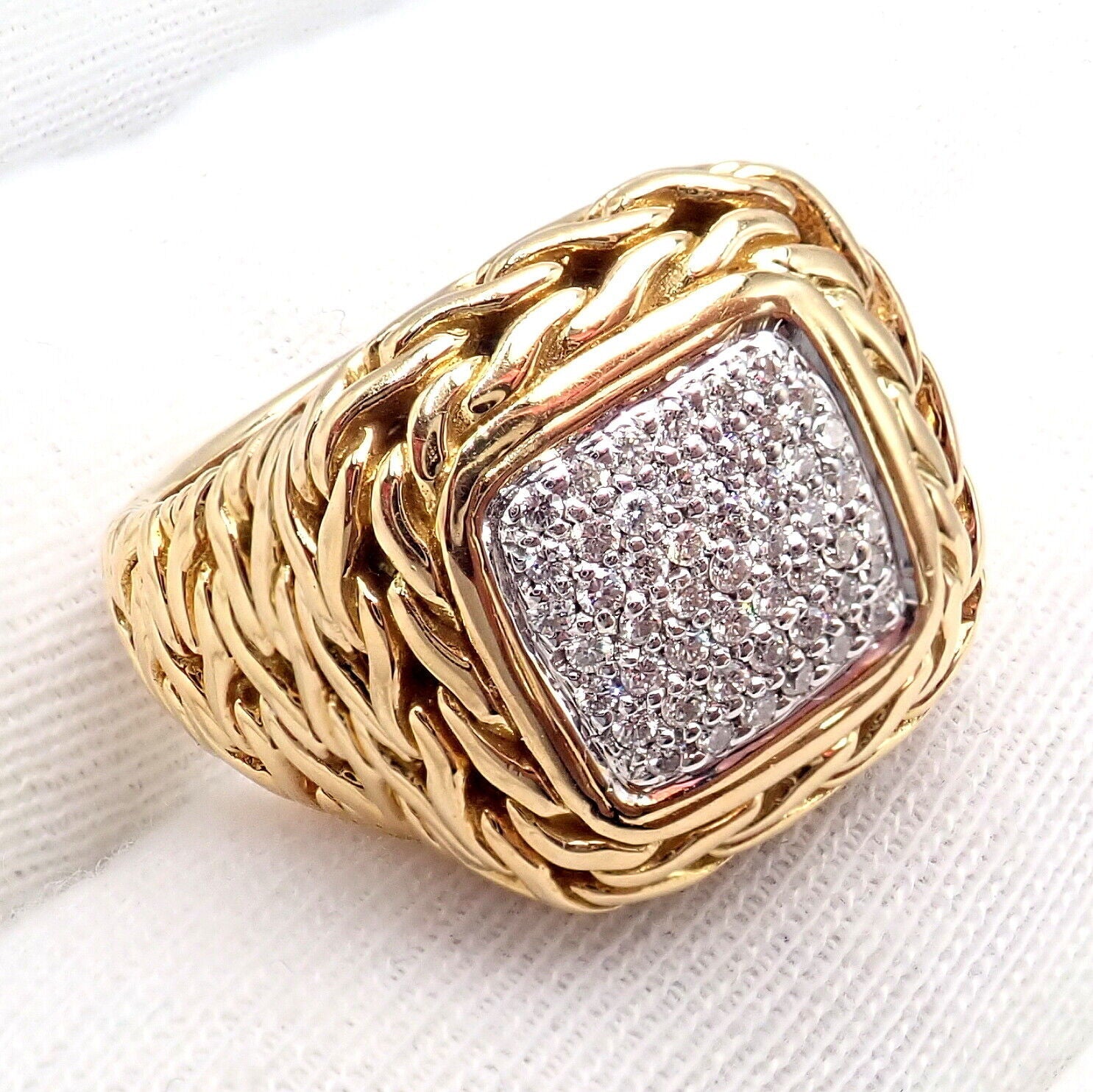 Authentic John Hardy JH 18K Yellow Gold Diamond Square Signet Signature Ring for Men & Women - Luxury Jewelry Gift for Anniversary, Wedding & Special Occasions