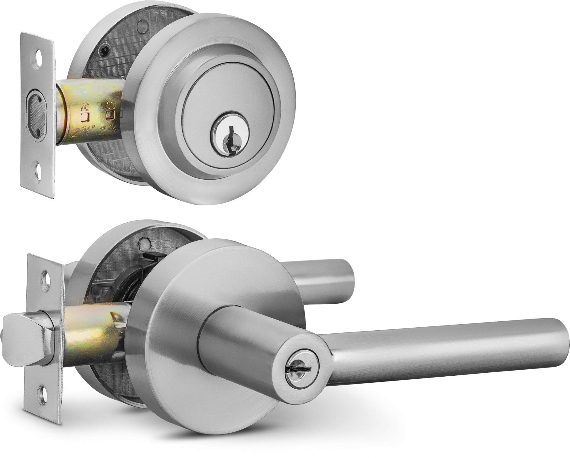Berlin Modisch Satin Nickel Entry Lever Door Handle & Single Cylinder Deadbolt Lock Set - Heavy Duty for Front Doors & Offices (Right/Left Handed) | Secure Home & Commercial Access Solution