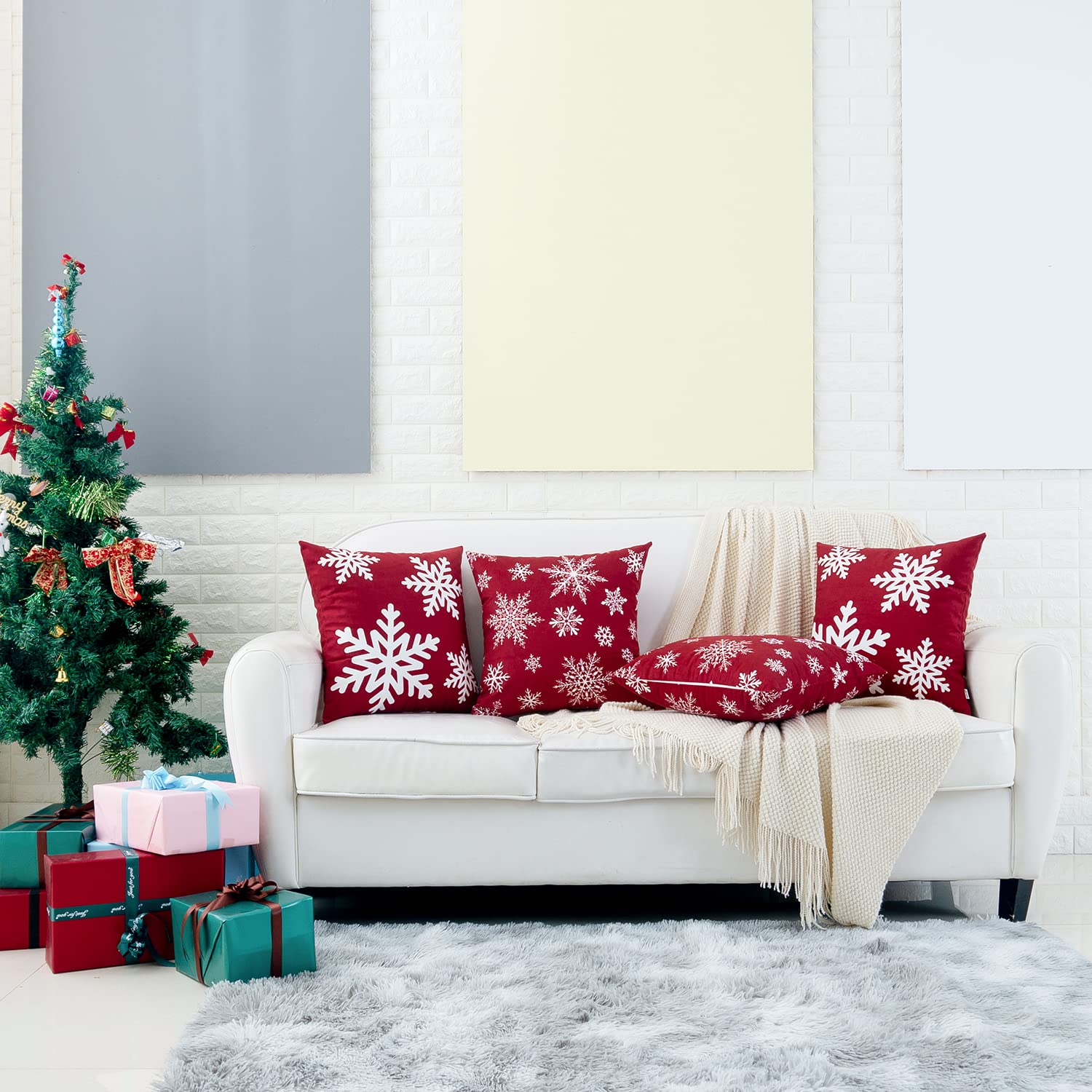 HWY 50 Red Throw Pillow Covers 18x18 Inch - Soft Christmas Snowflake Print Decorative Pillow Cases for Couch, Sofa & Bed - Set of 2 Cozy Home Decor for Living Room, Bedroom & Holiday Season