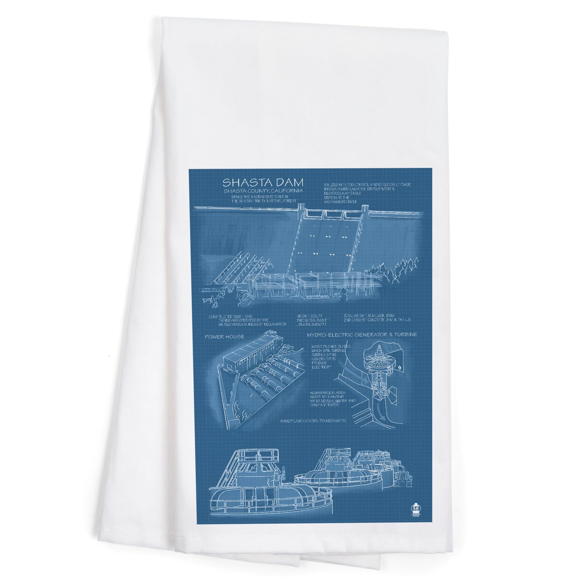 Lantern Press Shasta Dam California Blueprint - 100% Cotton Tea Towel, Decorative Hand Towel for Kitchen & Home Decor | Perfect for Dish Drying, Gift Giving & Farmhouse Style