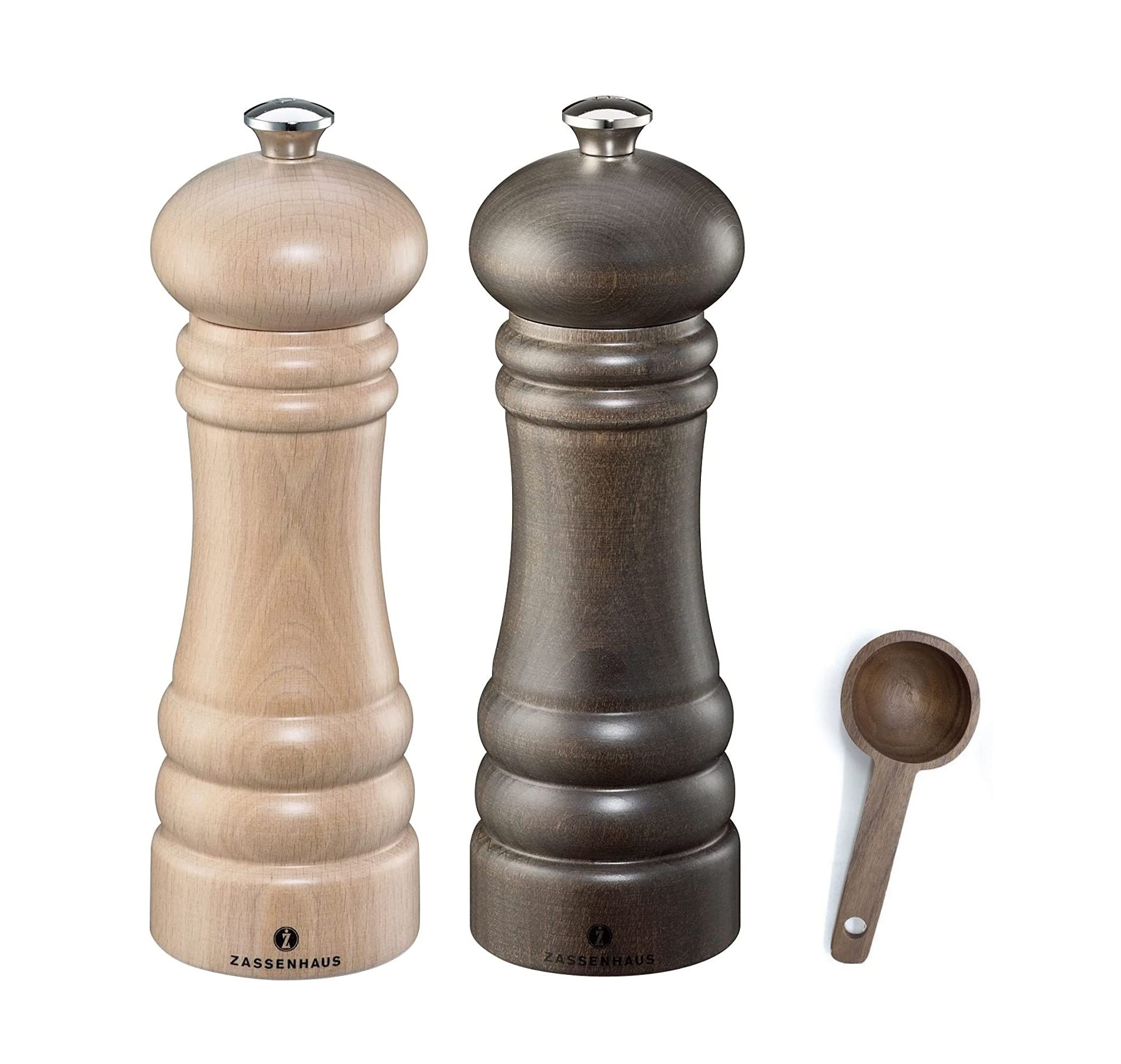 Premium Zassenhaus Berlin Natural Salt & Pepper Grinder Set - 7.1 Inch Dark Stained Wood Mill with Spice Scoop - Perfect for Kitchen, Dining Table & Gourmet Gift Giving