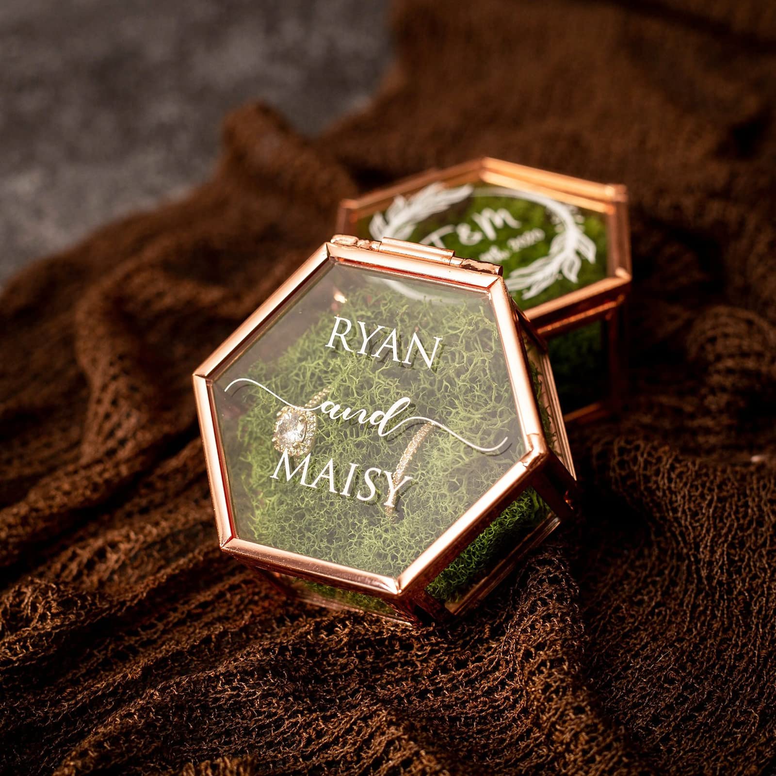 Custom Hexagon Glass Ring Box with Moss & Flower Petals - Personalized Engagement Jewelry Box for Wedding Ceremony, Valentines Gift - Perfect for Proposals, Vow Renewals & Romantic Occasions