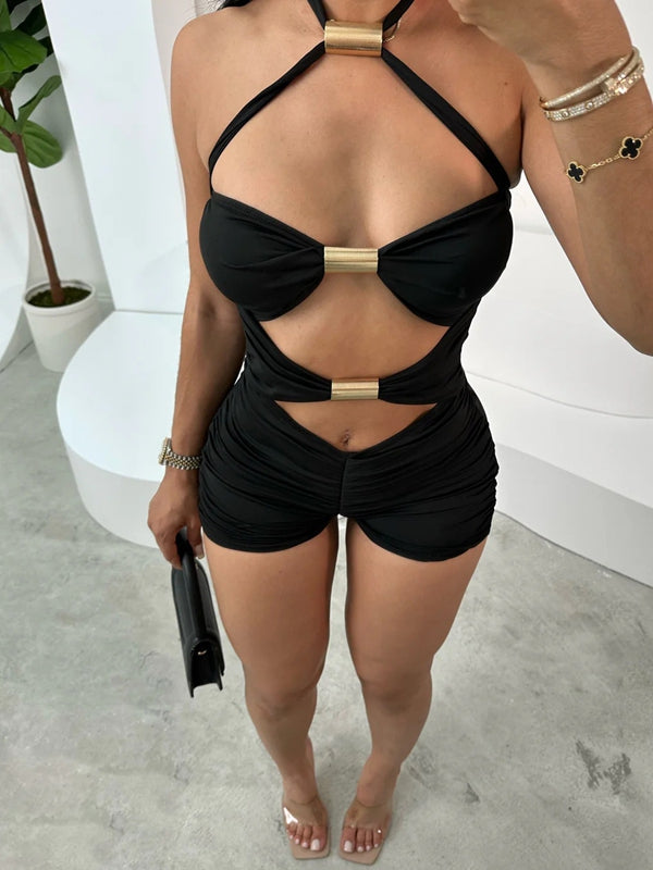 ZASUWA Women's Sexy Halter Hollow Out Scrunch Butt Short Romper Jumpsuit - Perfect for Beach, Pool Party & Summer Vacation Outfits