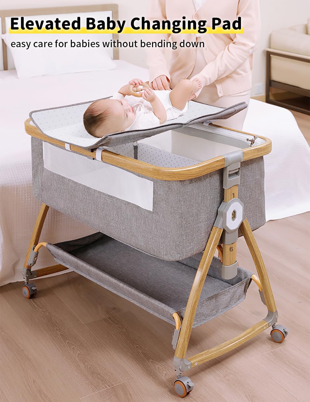 Bonbay 4-in-1 Portable Baby Bassinet with Wheels, Mosquito Net & Storage Basket - Adjustable Height Bedside Sleeper for Newborns | Nursery, Bedroom & Travel Use