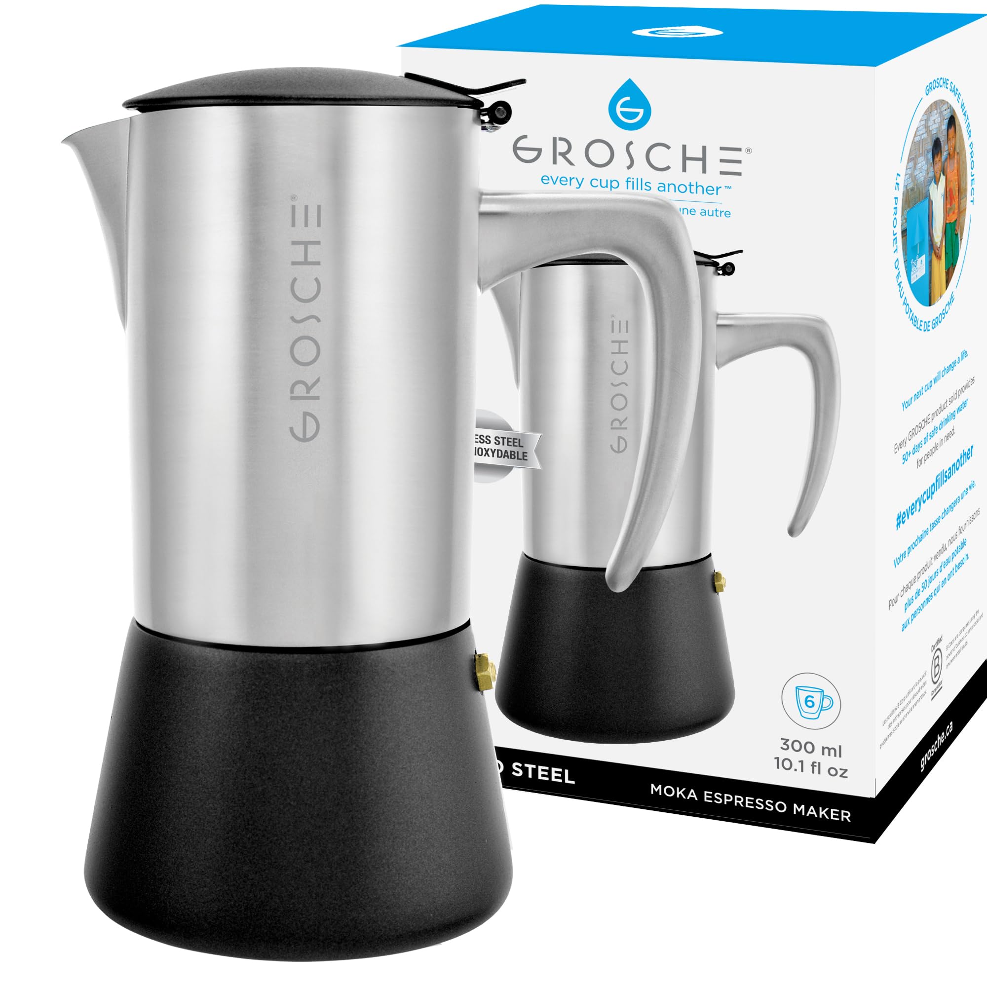 GROSCHE Milano Steel Stovetop Espresso Maker - 6 Cup Stainless Steel Moka Pot for Induction, Electric & Gas Stoves | Dishwasher Safe Italian Coffee Maker for Home, Office & Camping | Perfect Espresso Brewing for Coffee Lovers