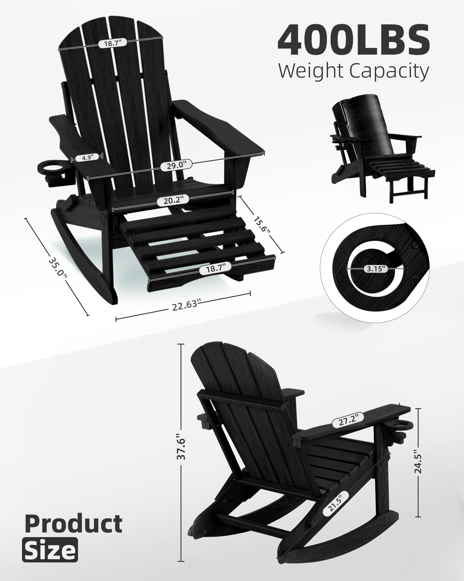 4-in-1 Folding Adirondack Rocking Chair with Ottoman - Patio, Lawn & Outdoor Chair in Wood Texture - Perfect for Porch, Backyard, Poolside & Garden Relaxation (Black)