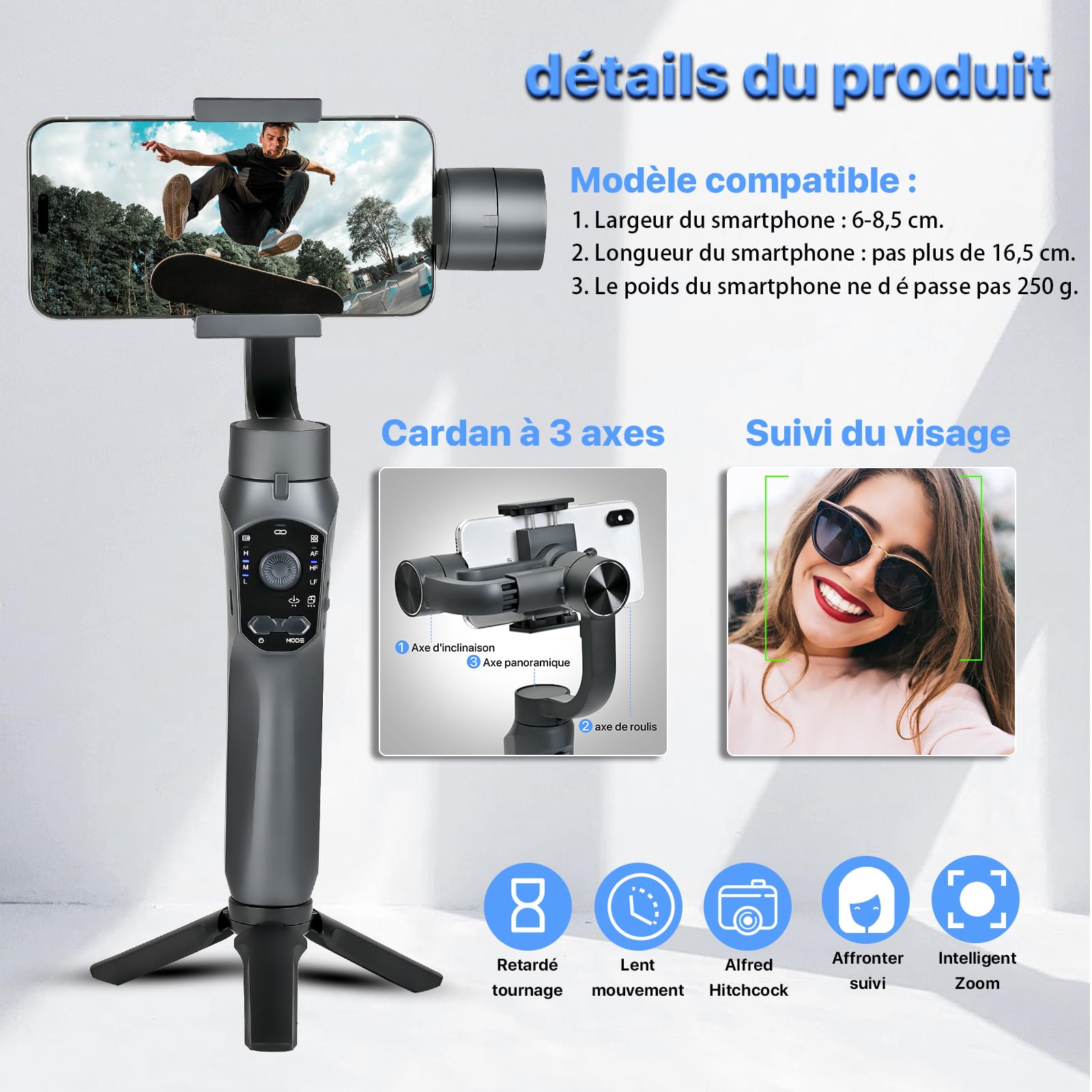 STRBDYI 3-Axis Smartphone Gimbal Stabilizer with AI Tracking & Ultra Wide Angle Mode - Compatible with iPhone 15/14/13/XR Pro/Max, Samsung Galaxy, Huawei (280g Payload) - Perfect for Vlogging, YouTube Videos & Travel Content Creation