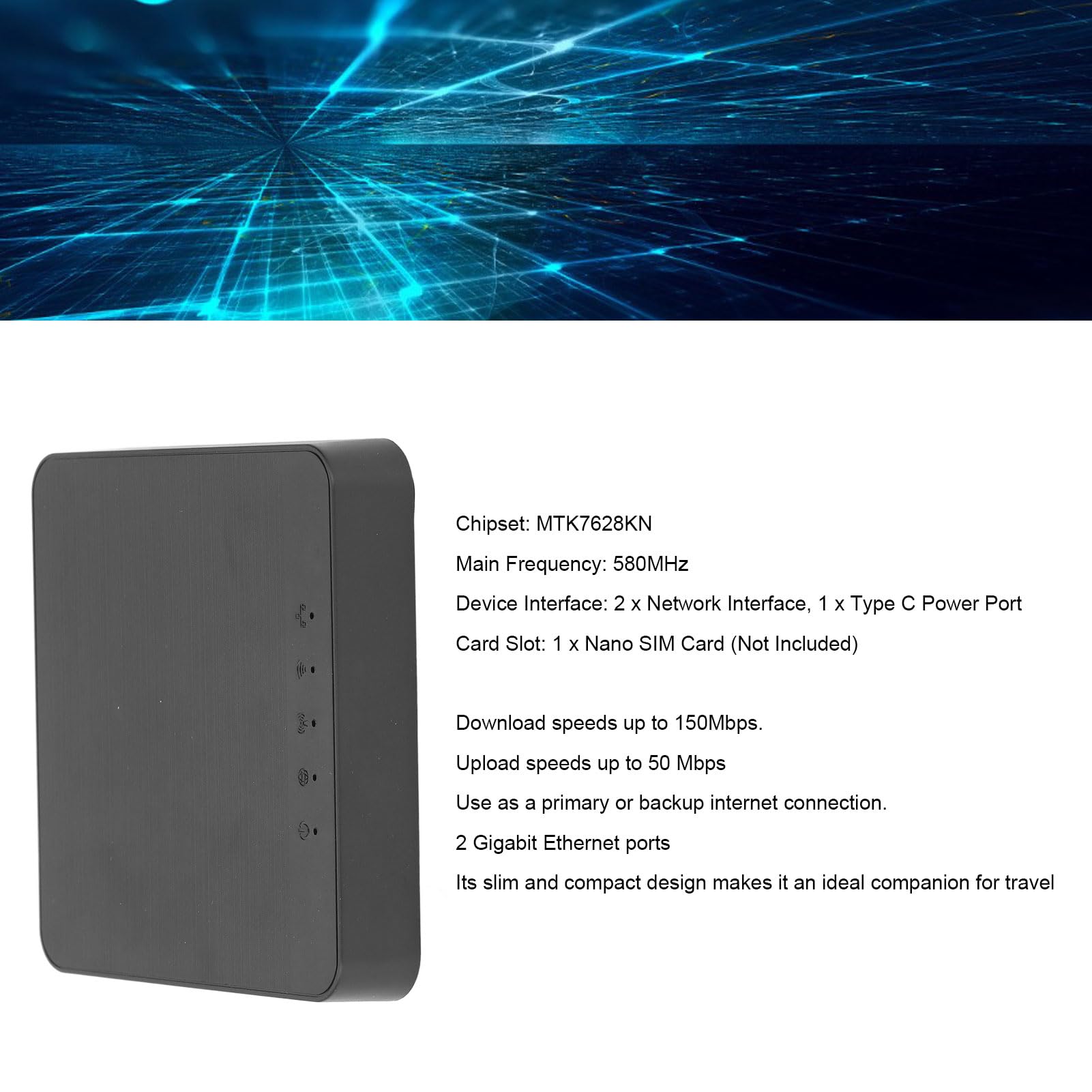 Portable 4G LTE WiFi Hotspot for Travel - European Version with Nano SIM Card, 2 Gigabit Ethernet Ports - Perfect for Travel, Camping & Security Camera Use