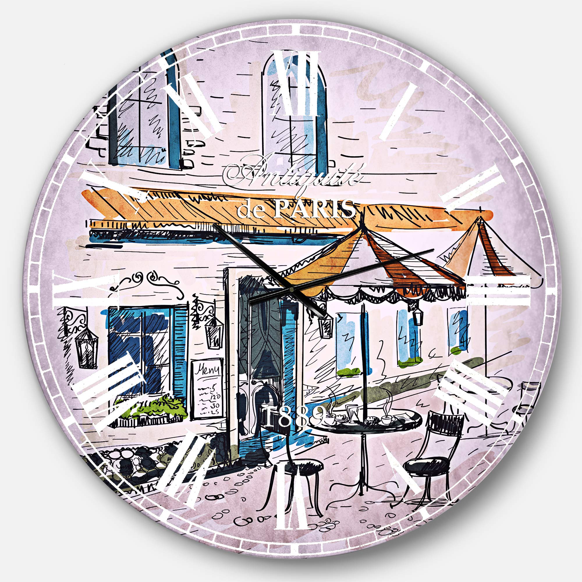 Designart Street Café Wall Art - French Country Round Metal Wall Clock for Home, Living Room, Bedroom & Office Decor | Vintage Kitchen & Coffee Shop Wall Décor