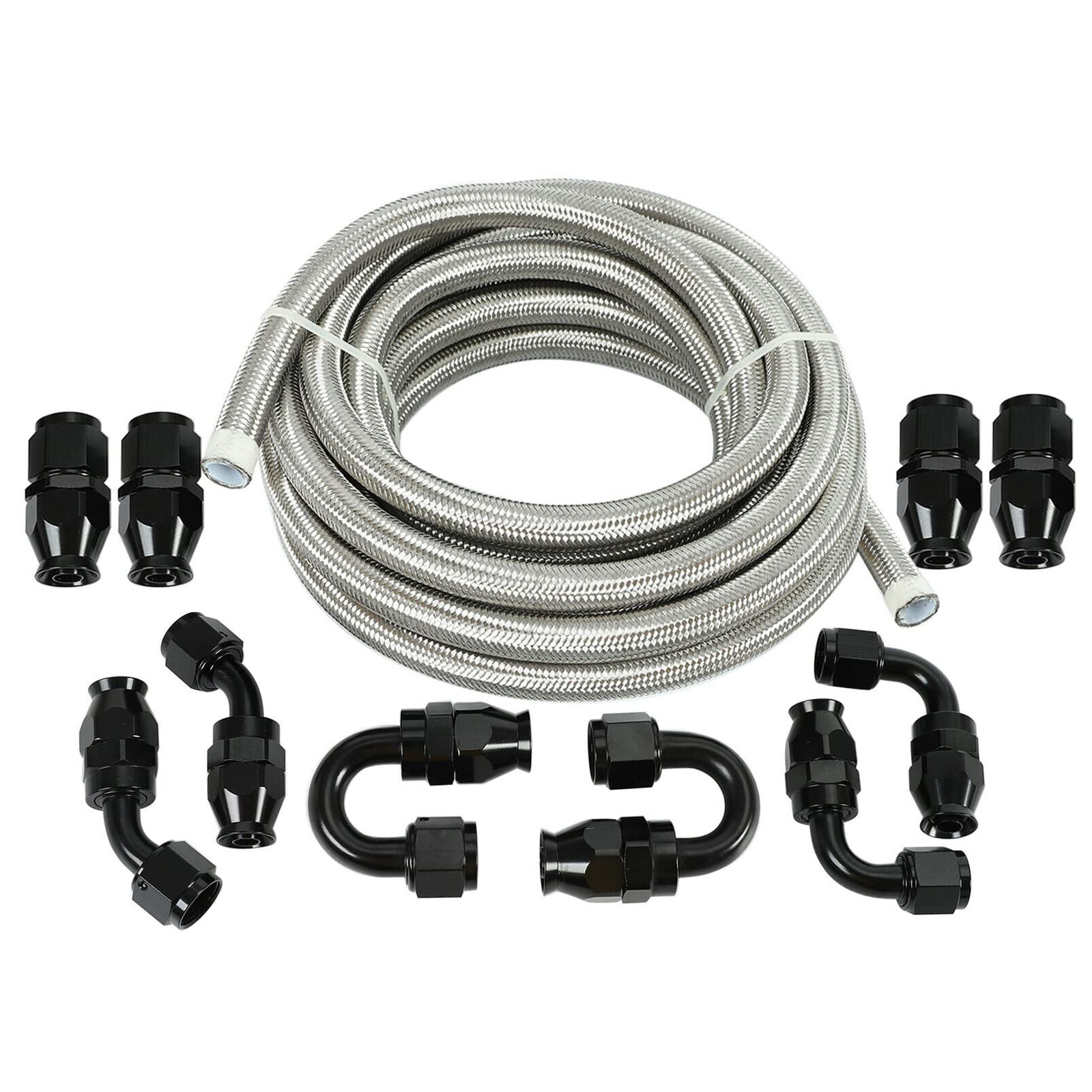6AN 20FT PTFE E85 Nylon Stainless Steel Braided Fuel Line Hose Kit with 10PCS Swivel Fitting Adapters - Silver | High Performance Fuel, Oil & Gas Transfer for Automotive, Marine & Industrial Applications