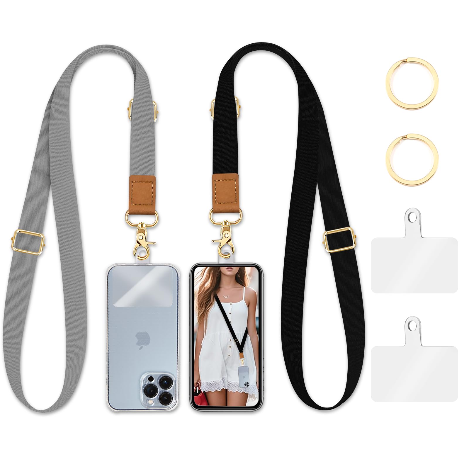 Adjustable Phone Lanyard Crossbody Strap - 2 Pack Neck Strap for iPhone, Keys & ID Badges - Black & Grey Phone Accessories for Women - Perfect for Work, Travel & Hands-Free Convenience
