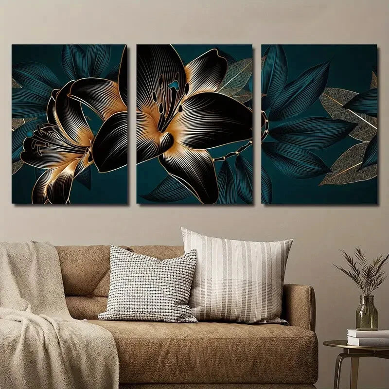3-Piece Abstract Botanical Flower Metal Wall Art Prints - Black & White Ready to Hang Canvas Paintings for Living Room, Bedroom, Office Decor