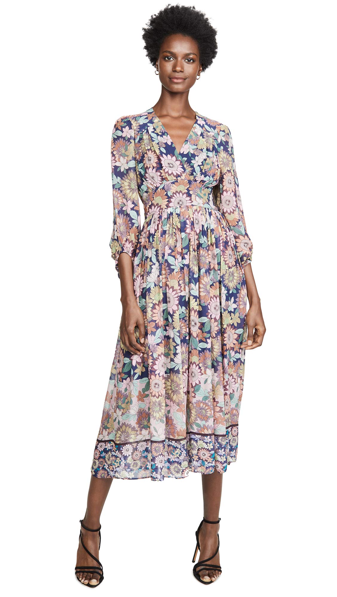 Shoshanna Women's Aya Dress - Floral Print Midi Dress with V-Neck & Ruffle Sleeves | Perfect for Summer Weddings, Garden Parties & Date Nights
